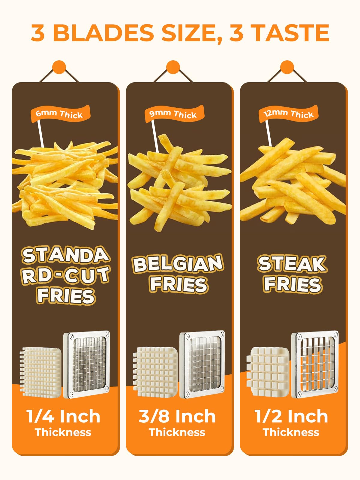 FOHRER Tagliapatate Professionale in Acciaio Inox con 3 Lame (13, 9, 6 mm) per Patate Intere, Carote, Cetrioli, Cipolle e Patate Fritte (Argento)