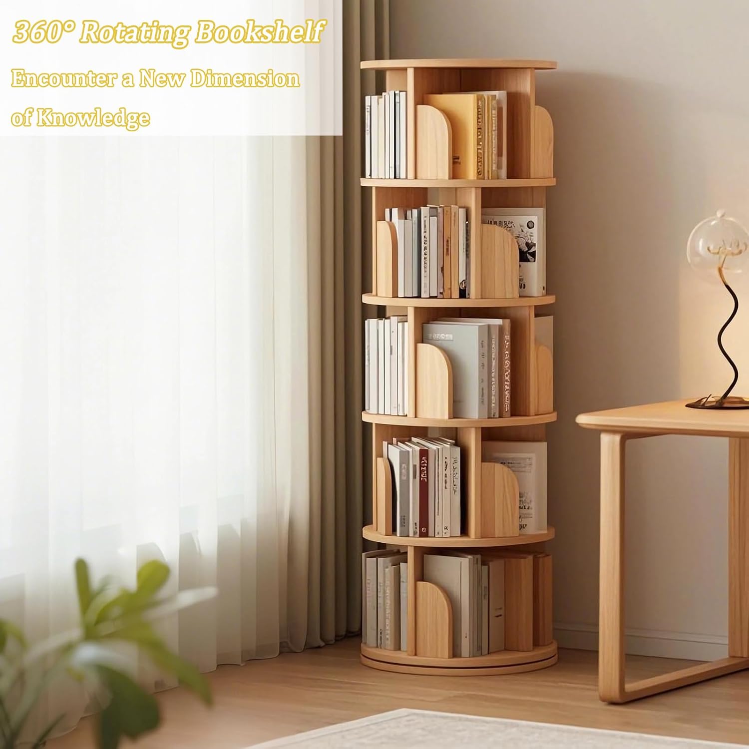 5 Tier Rotating Bookshelf Tower, 360° Revolving Bookcase, Round Spinning Book Shelf Kids, Small Corner Bookshelf for Living Room, Home, Office, Wood Color