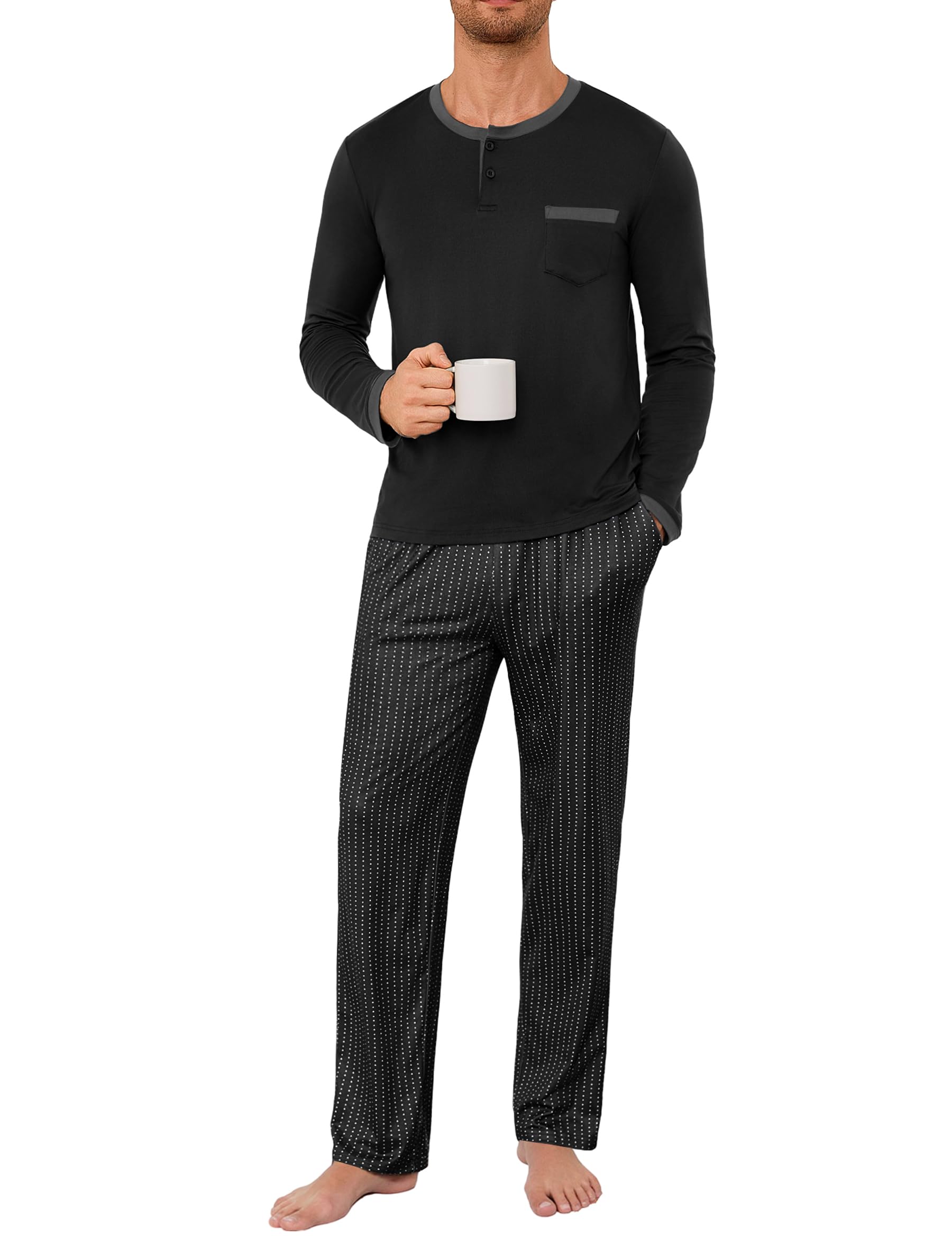 Jahetuul Herenpyjama van katoen, warm, lang, met knopen, tweedelig, voor de winter, zacht en comfortabel, bedrukt S-4XL, Blauw-1, M