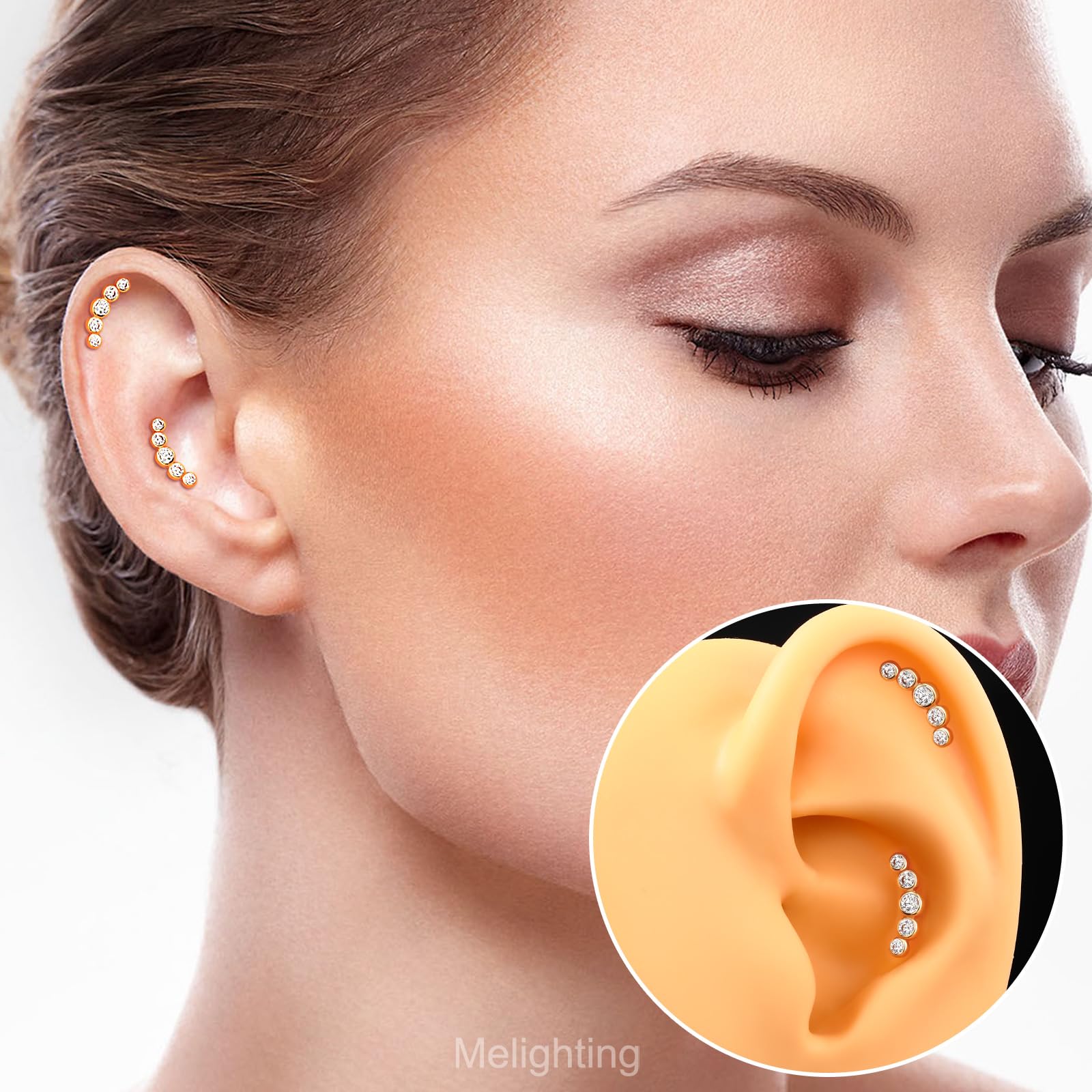 Melighting Pendientes curvados de oro macizo de 14 quilates para cartílago con rosca interna, circonita cúbica, parte trasera plana, 16 g, piercing para labret