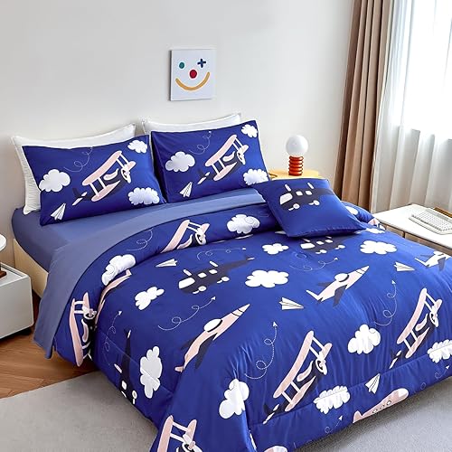 PERFEMET Juego de edredón azul de 6 piezas para niños, cama en una bolsa, tamaño matrimonial, con mosca, aeronaves, nubes, para niños, adolescentes,
