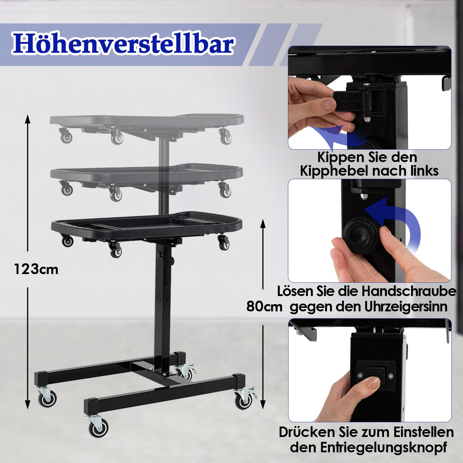GOPLUS Stół roboczy 2 w 1, mobilny stół warsztatowy z kółkami, stół narzędziowy 80-123 cm, regulacja wysokości do 60 kg, wózek warsztatowy do domu, warsztatu, garażu