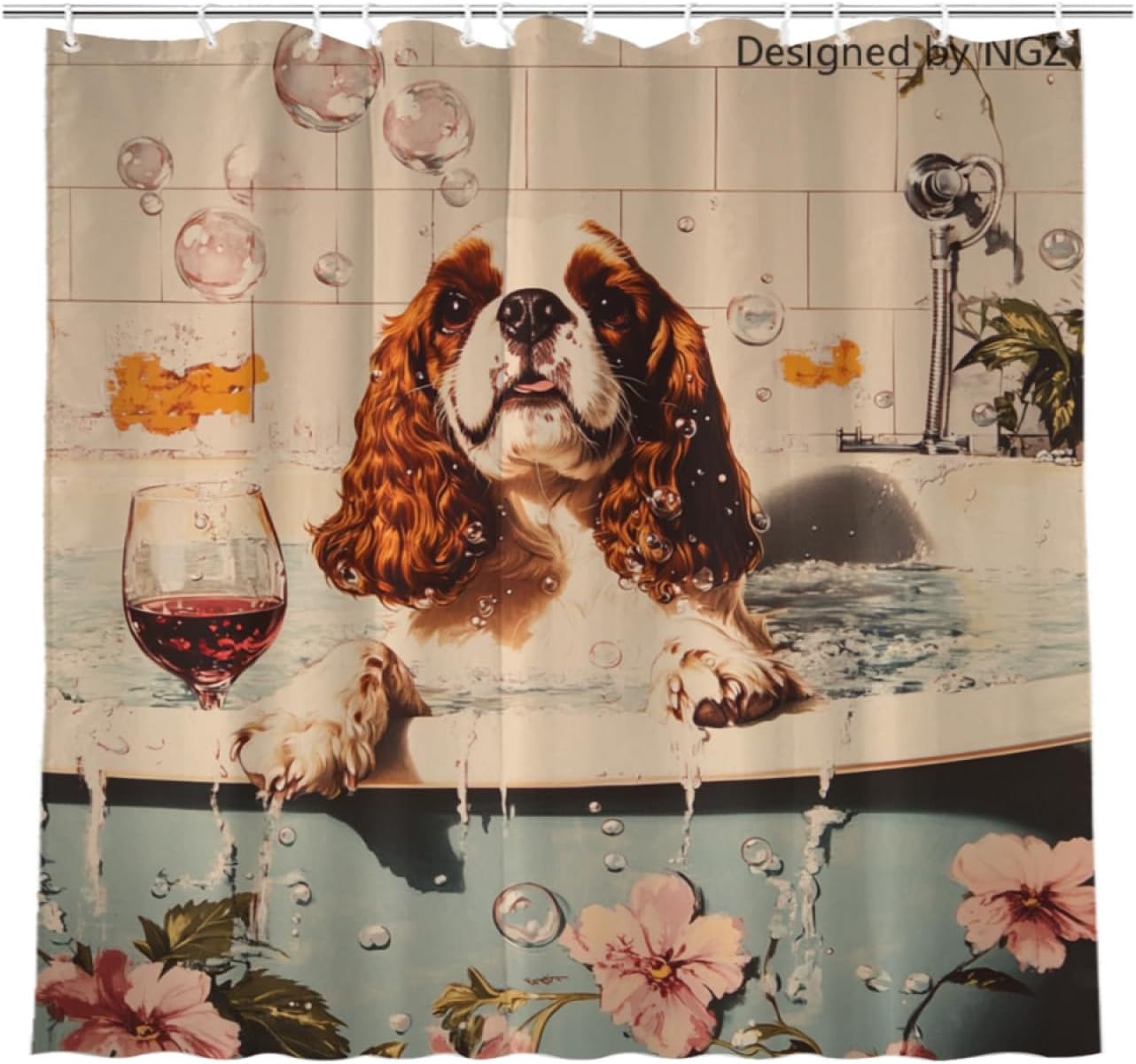NGZ 72x72 Inche White Fabric Shower Curtain, Cute Rottweiler with Flowers and Wine Shower Curtains for Bathroom, SPA Bubble Bath Covered Bath Curtains Set with Hooks