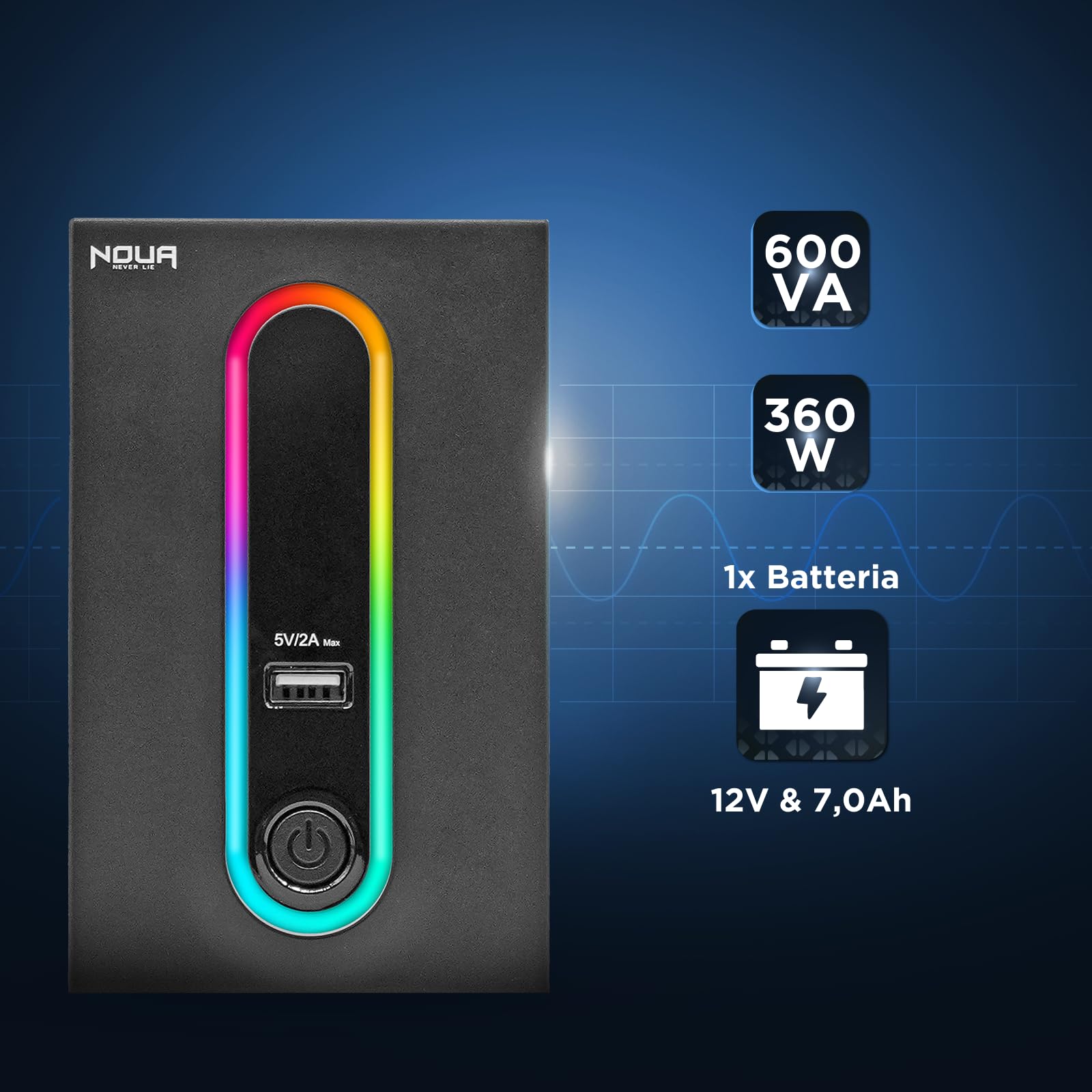 Noua Zeus 600VA RGB zasilacz awaryjny do komputera PC UPS Line Interactive 600 VA / 360 W, AVR, 2 wyjścia Schuko, port ładowania USB 5 V/2 A