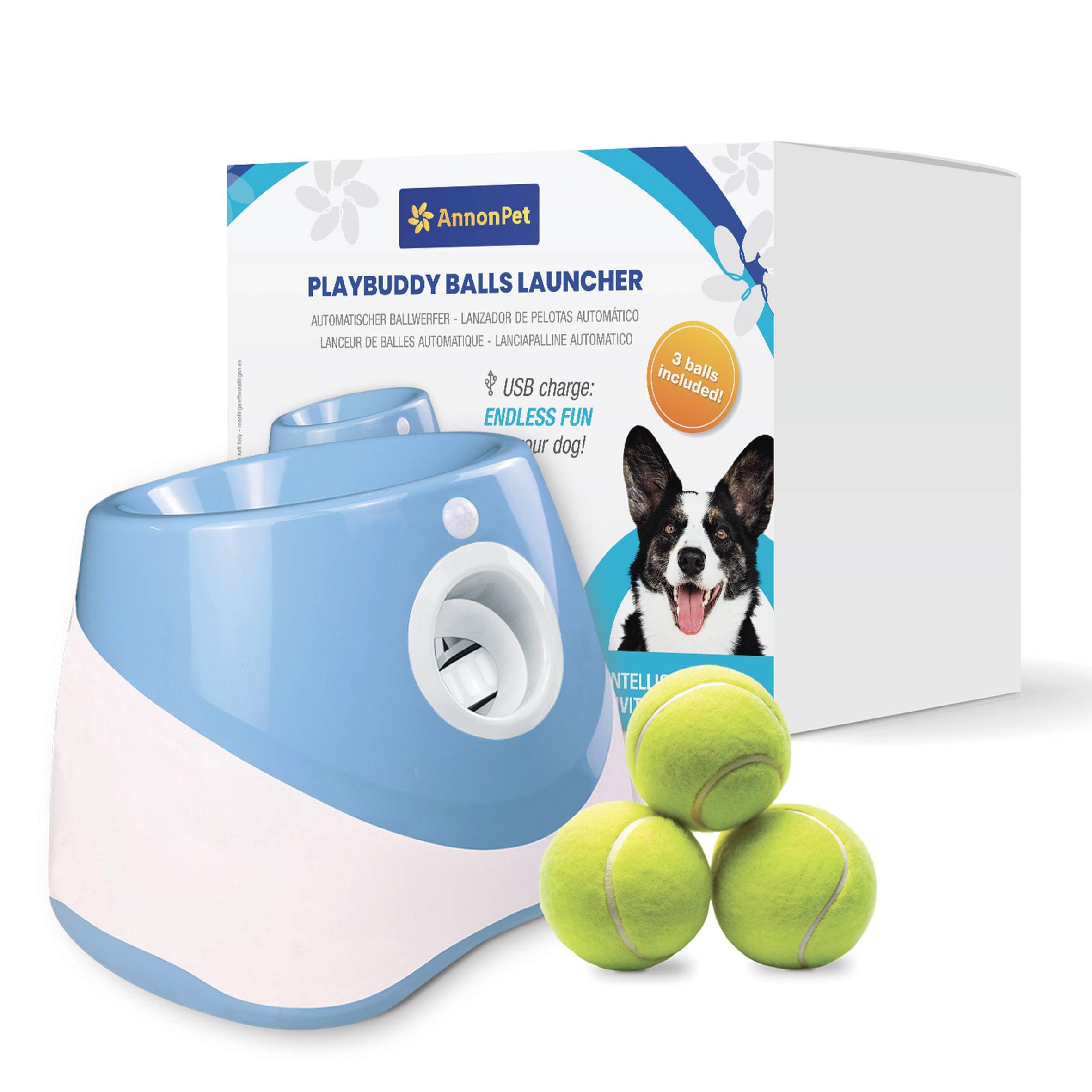 Automatische Bälle für Hunde mit einstellbaren Entfernungen 3/6/9 m, USB-Aufladung, Lithium-Akku 2200 mAh, inklusive 3 Tennisbällen – Spaß und Training für Ihren Hund