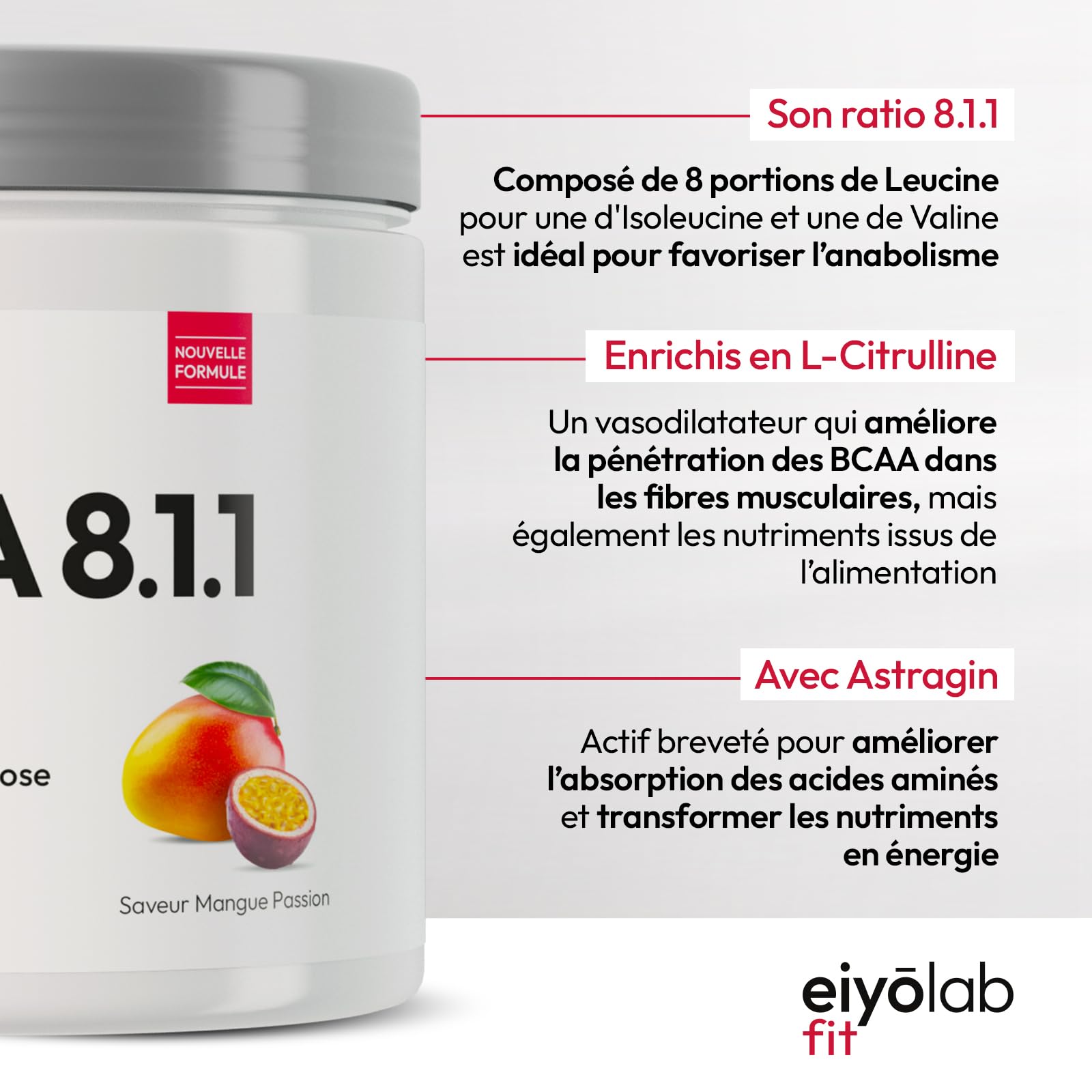 BCAA 8.1.1 | Acides Aminés en Poudre | 8g de Leucine + 1g de Citrulline & AstraGin® | Construction et Récupération Musculaire | Efficace Contre l’Acide Lactique | Mangue Passion 250g | Eiyolab