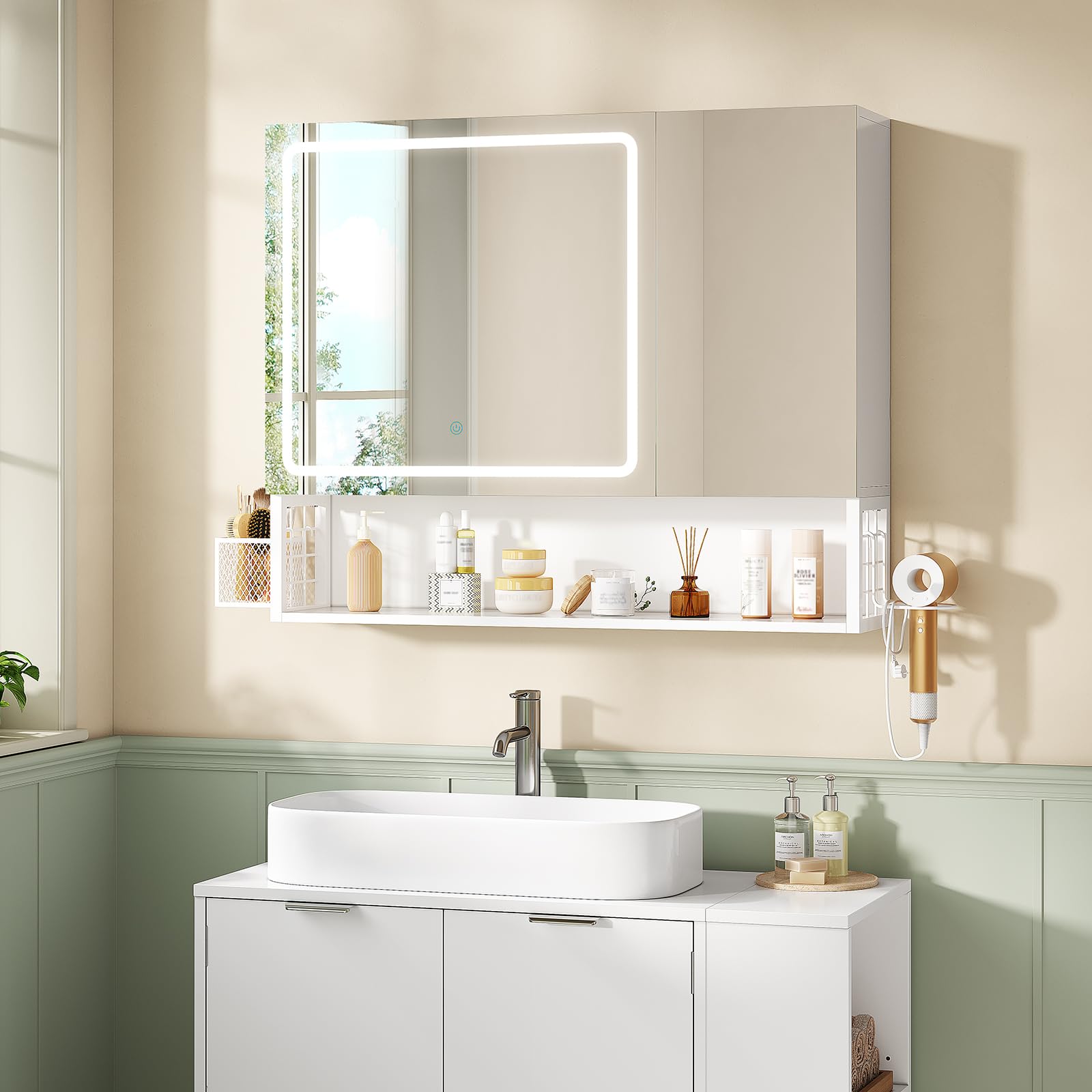 Armario Baño con Espejo 80x16x70 cm, Espejo de Baño con Luz LED y Estantes Regulables, Armario Espejo Baño con Almacenamiento y Enchufe Múltiple, Interruptor Táctil, 2 Puertas Espejo, Blanco
