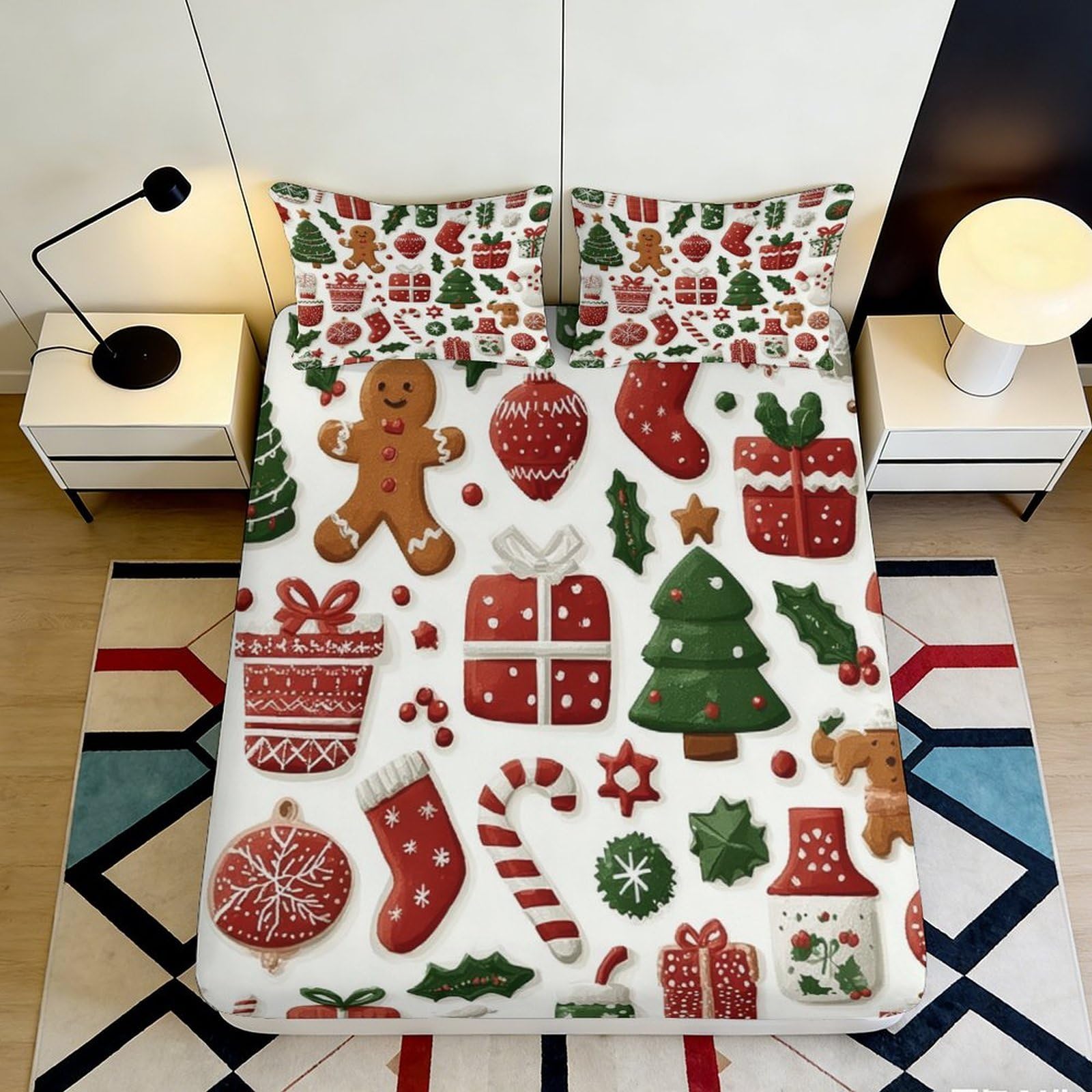 3D Printed Christmas Gingerbread Fitted Sheet Microfiber Soft Festive Holiday Bed Cover for Bedroom Guest Room Decor 90x200x25cm