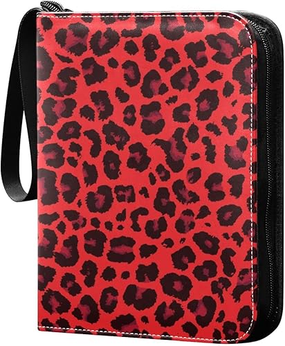 Álbum de tarjetas coleccionables con estampado de leopardo rojo y negro en piel sintética resistente, 400 bolsillos, carpeta de doble cara fácil de