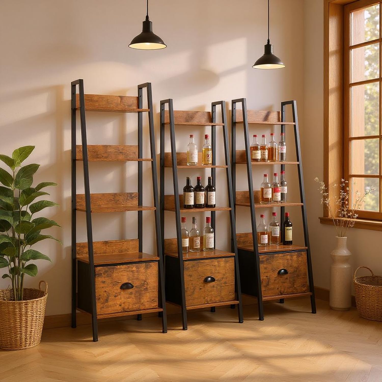 FurnitureR Esszimmer Glasvitrine Leiterstil 42x29x141 cm, 5 Ebenen, Stoffschublade, 12 mm Holzplatten & 20 mm Metallrahmen, 7,5 cm Rückwand, Elegantes Präsentationsregal
