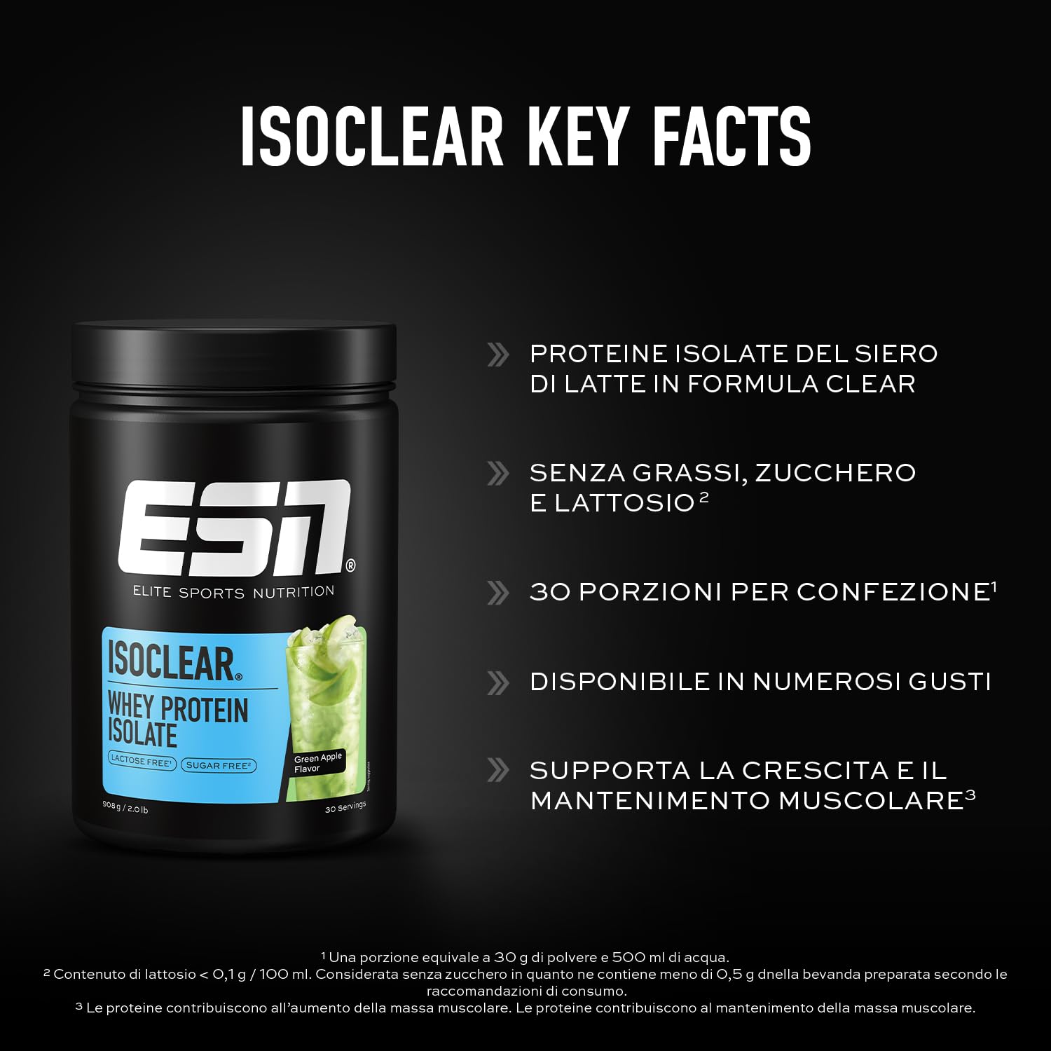 ESN Isoclear Proteine Isolate del Siero di Latte in Polvere, Mela Verde, 908 g, Proteinlimo con gusto delizioso alla frutta, siero di latte chiaro - made in Germany