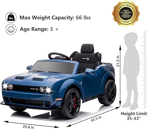 Miniatura 5 de Vehículo eléctrico Dodge Challenger con control remoto de 12 V con licencia para niños, vehículos motorizados para niños, vehículo eléctrico de