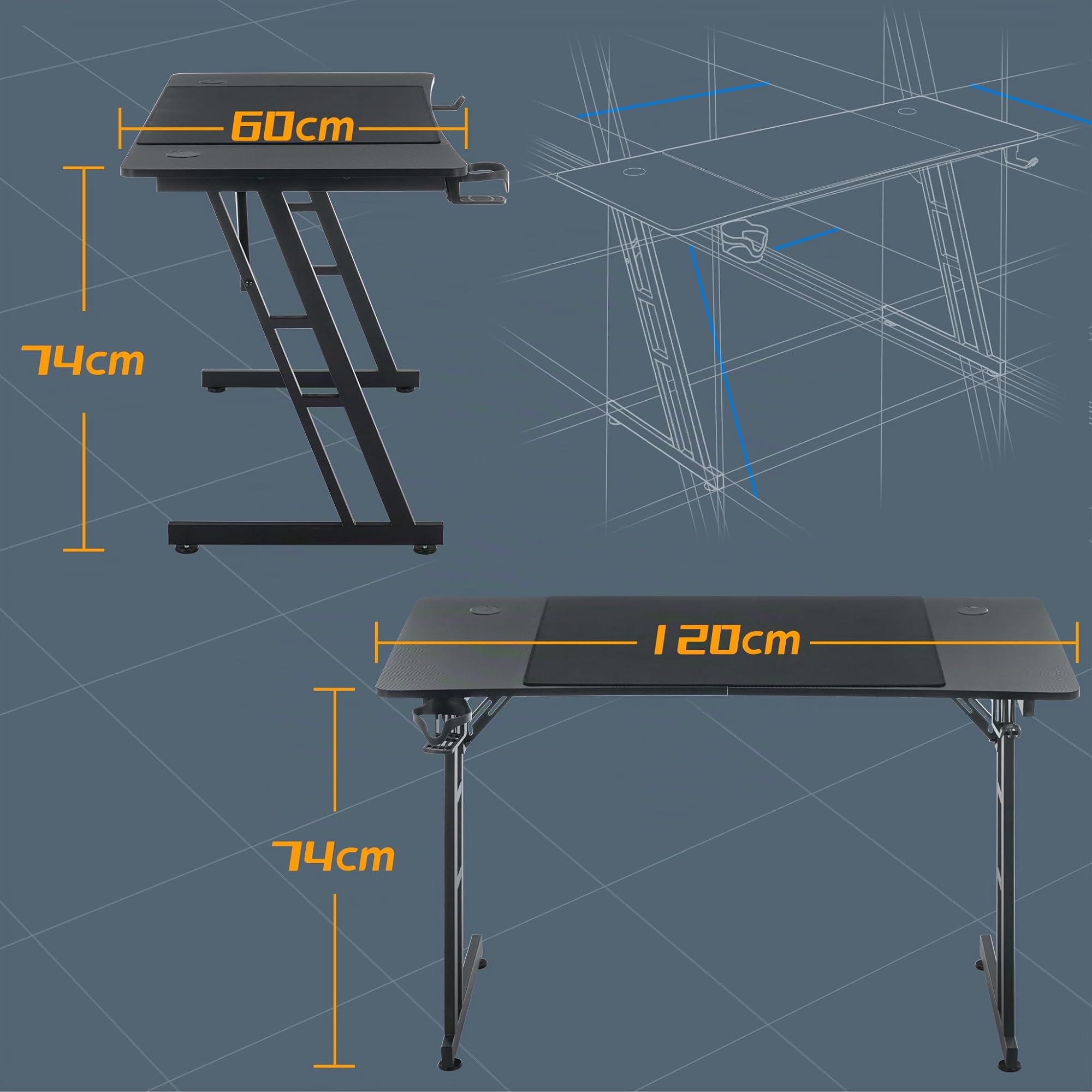 HENGMEI Tavolo da gaming, scrivania per computer con porta bevande, gancio per cuffie Z-Frame PC, scrivania da gioco, per casa, ufficio, scrivania angolare, 120 x 60 cm, tipo A