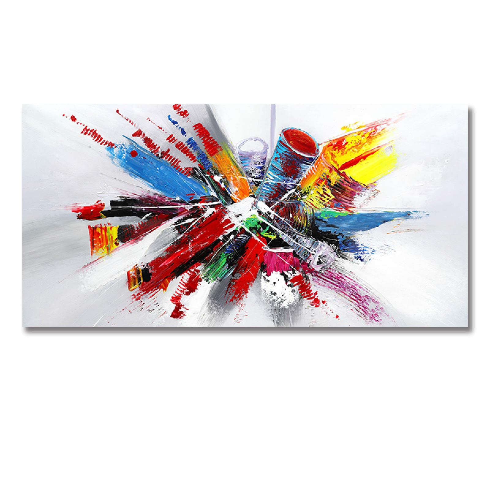 KADING Impression sur toile de grande taille d'une peinture à l'huile abstraite colorée, art mural moderne pour salon, 144 x 70 cm, avec cadre KADING Impression sur toile de grande taille d'une peinture à l'huile abstraite colorée, art mural moderne pour salon, 144 x 70 cm, avec cadre