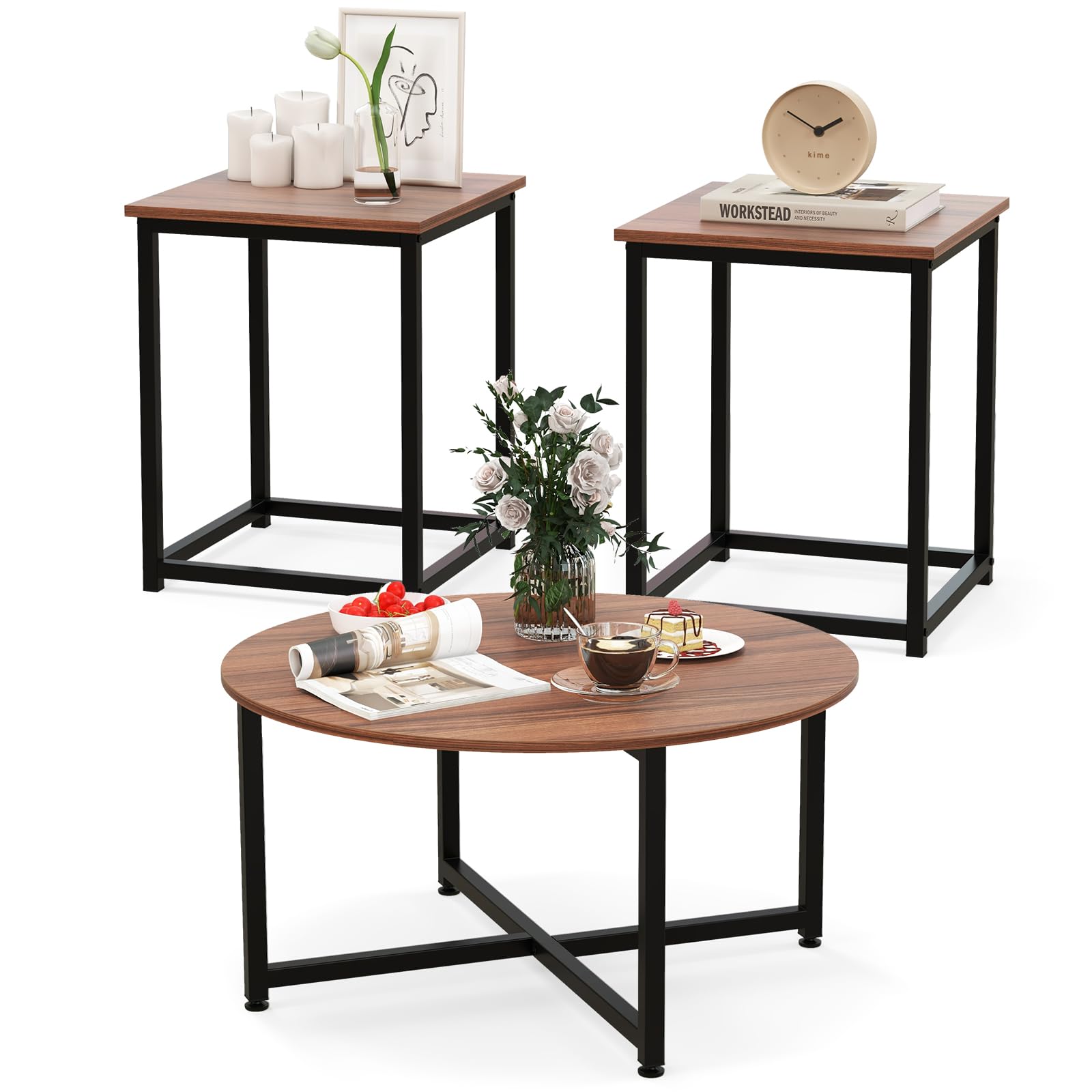 CASART Coffee Table Set of 3, 1 Round Coffee Table and 2 Square Side Tables, Metal Frame Accent Tea Tables Center Tables for Living Room Office Bedroom (Walnut+Black)