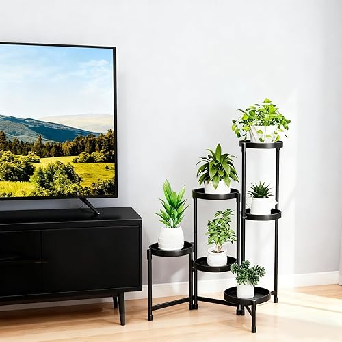 Miniatura 3 de Soporte de esquina de metal negro de 6 niveles para interiores y exteriores, soporte alto de exhibición de flores escalonadas para gran espacio de