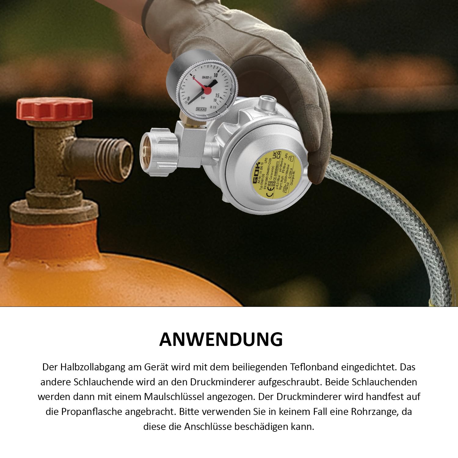 GOK Herd Anschluss Set Pro, mit Kontrollmanometer, Absperreinrichtung, 200 cm Gasschlauch und Teflonband, 30 mBar Betriebsdruck, inkl. Lecksuchspray und Polybeutel