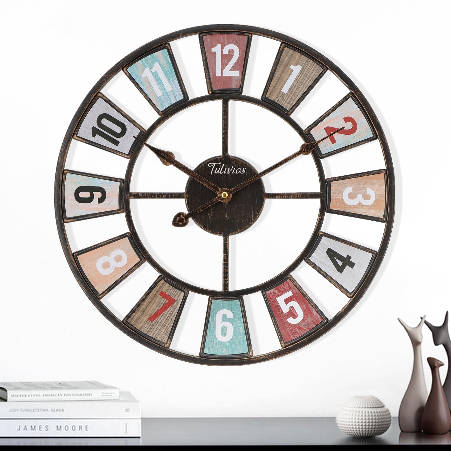 Large 16In Wall Clock Colorful,Vintage Farmhouse Wall Decor,Boho Metal Wall Art,Home Decor for Living Room, Kitchen,Bedroom, Office,Suitable for Room Decor&Wall Decor