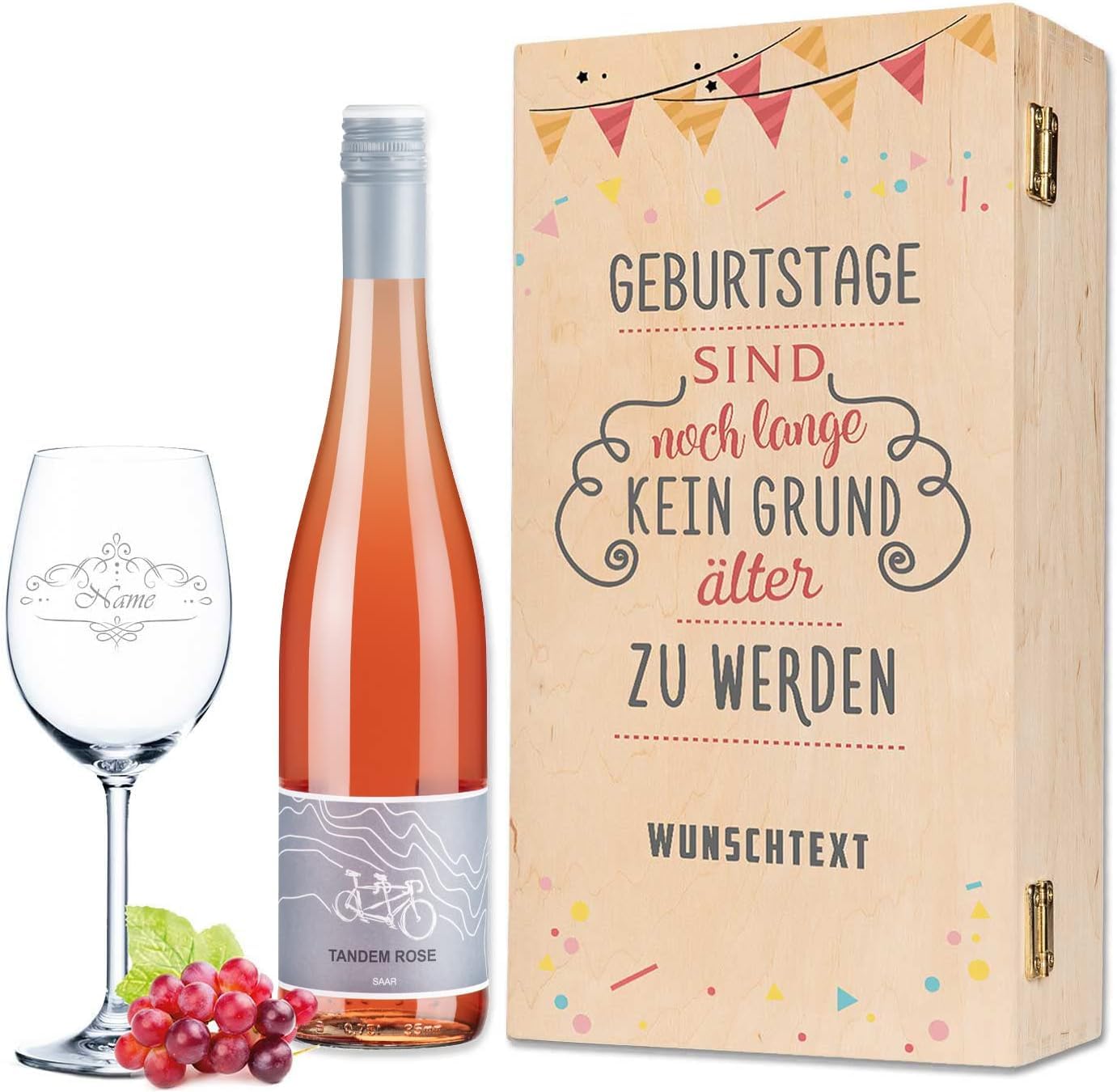 GRAVURZEILE Leonardo Weinglas mit Gravur - Geburtstage sind kein Grund - inkl. bedruckter Holzkiste & Tandem Rosé Riesling 0,75 l - Geburtstagsgeschenk für Frauen & Männer - Wein Geschenkset - Rosé
