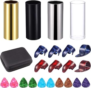 Topus 4 Pieces Medium Guitar Slides(Include 3 Colors Stainless Steel, 1 Pieces Glass), 6 Pieces Guitar Picks and 4 Pieces Plastic Thumb & Finger Picks in Storage box