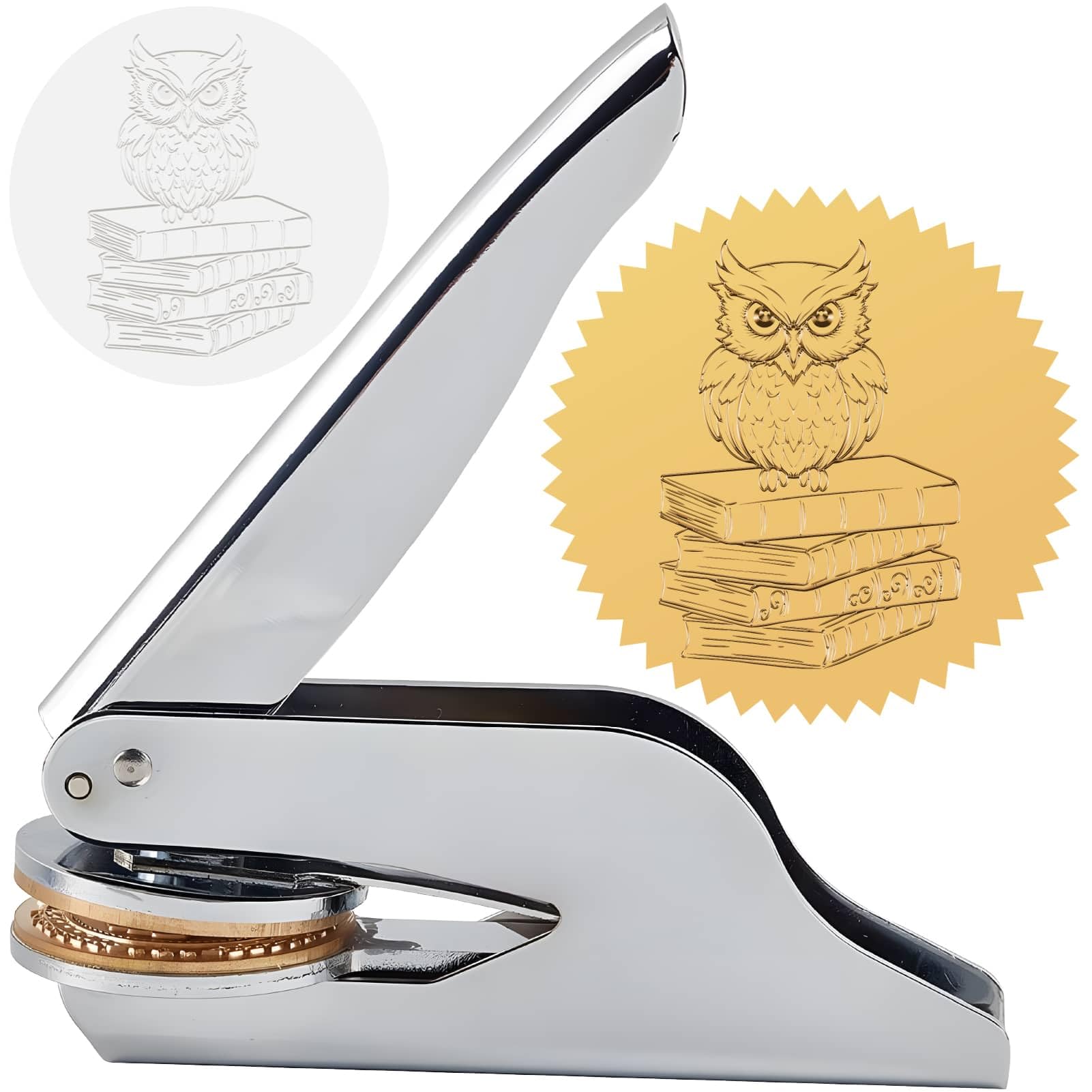 CRASPIRE Libro di francobolli in rilievo con gufo, 4,1 cm, in acciaio inox, timbro a mano, per insegnanti, notai, buste regalo ufficiali di laurea, inviti di nozze, tovaglioli di carta