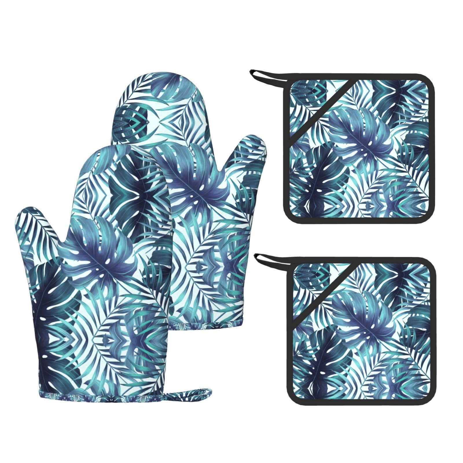 Eeprty Black Tropical Palm Leaves Printed Kitchen Oven Gloves And Potholder 4 Pcs, Non-Slip Heat Resistant Mitts For Baking Chef
