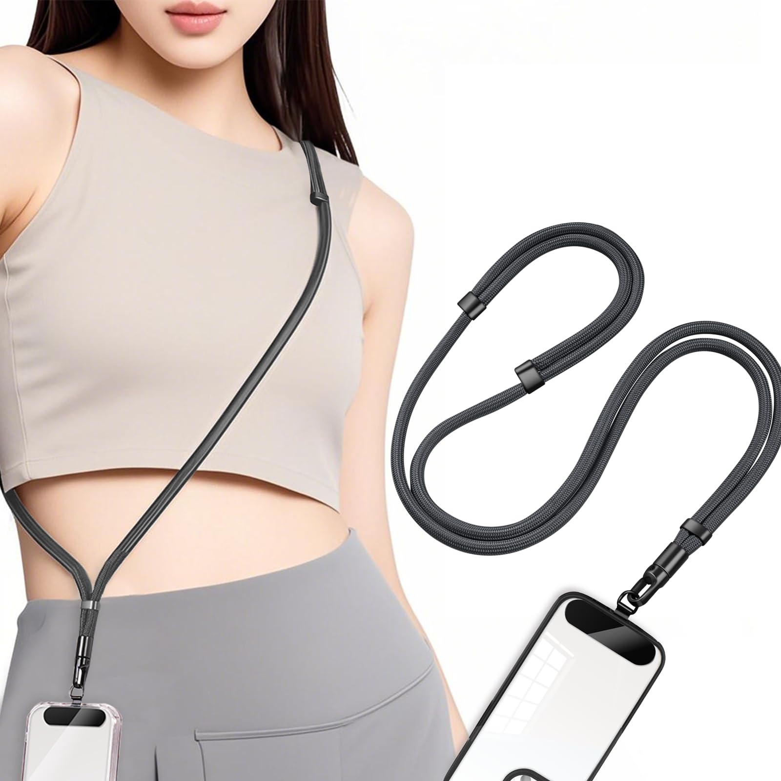 [Lamiishop] ネックストラップ スマホストラップ 首掛け【2WAY 首掛け＆肩掛け】 長さ調整可能 スマホしょるだー ストラップ 肩掛け 金属製ストラップホルダー付き 携帯ストラップ 360°回転 7mm太さナイロンロープ スマホ ネックストラップ メンズ スマホ スリ対策/落下防止/盗難防止 退職 お礼 ギフト/母の日ギフト/父の日ギフト/誕生日プレゼント グレー