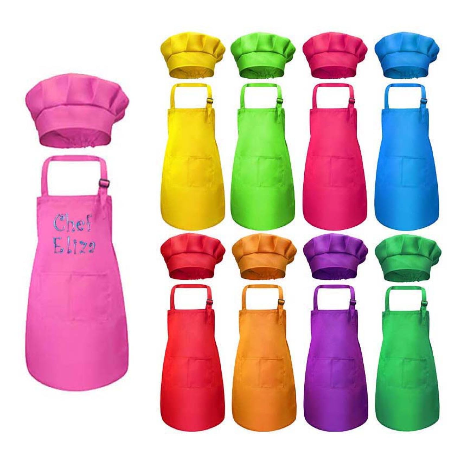 Nombre Bordado Personalizado Conjunto De Delantal Y Gorro De Chef Para Niños - Delantal Para Niños Delantal De Bolsillo Ajustable, Traje De Delantal De Chef Para Niños Para Cocinar, Hornear, Pinta