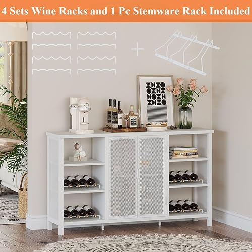 Miniatura 4 de FATORRI Gabinete industrial para bar de vinos para licor y vasos, gabinete de barra de café de madera y metal con estante extraíble para vinos,