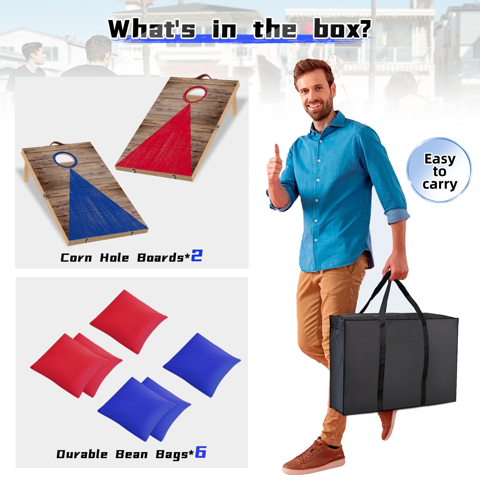 NZQXJXZ Juego de Cornhole, 60 x 40 cm Tableros de Madera Maciza Premium con Agujeros de maíz con 6 Bolsas de Frijoles y una Bolsa de Transporte, Juego de Lanzamiento de maíz para Familia y Adultos
