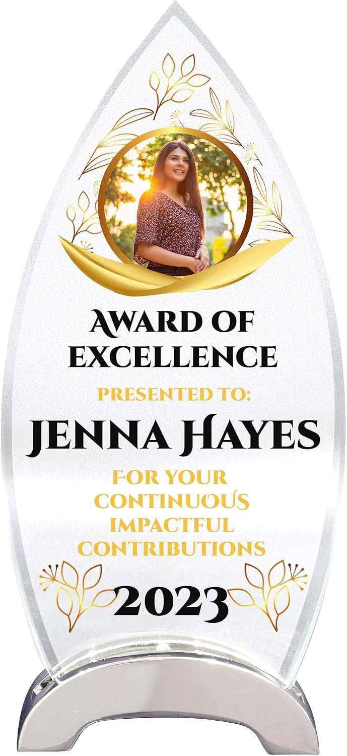 9 1/4" Personalized Glass Plaque for Awards and Trophies, Custom Award for Employee of the Month, Retirement, Leadership and Appreciation Gift Glass Awards F (D4)