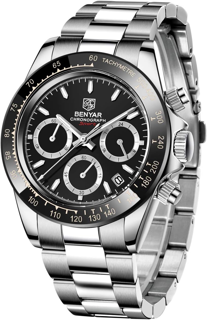 Men's Watch BENYAR Fashion Quartz Movement Wrist Watch Analog Chronograph Business Waterproof and Scratch Resistant Stainless Steel Strap Leisure Sports Watches for Men