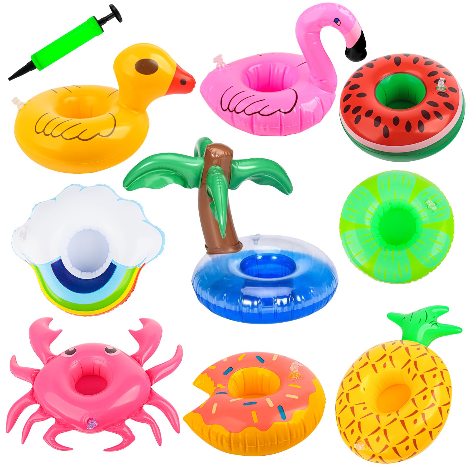 Aufblasbare Getränkehalter Mini Flamingo Palme, 9-teiliges Set mit Luftpumpe für Sommer, Hallenbad, Freibad, Strand