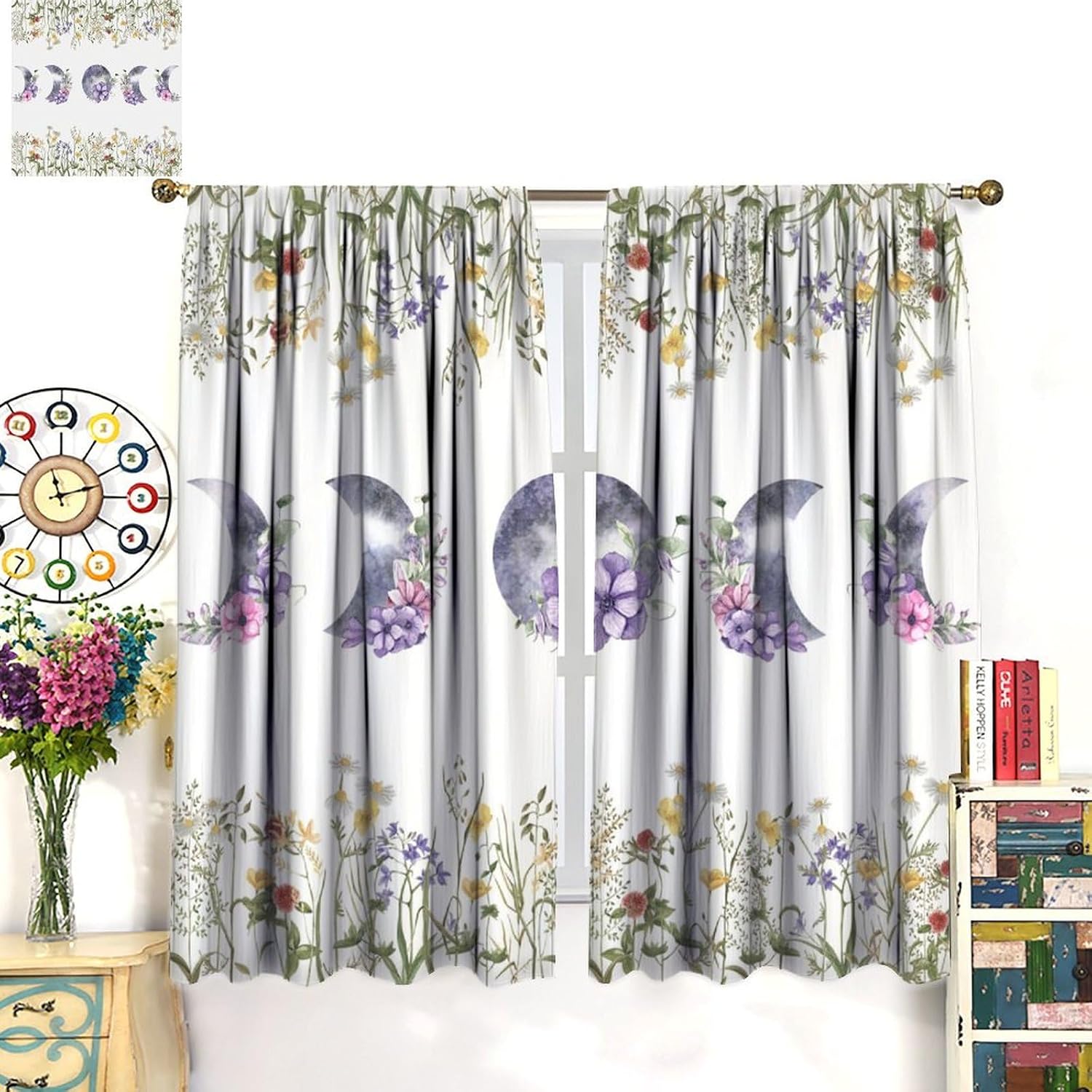 Boho Floral Curtains, Moon Flower Black Moon Phase Wildflower Window Treatments for Bedroom Living Room Cafe Kitchen Set 2 Panels,42x45 Inches, Style-7