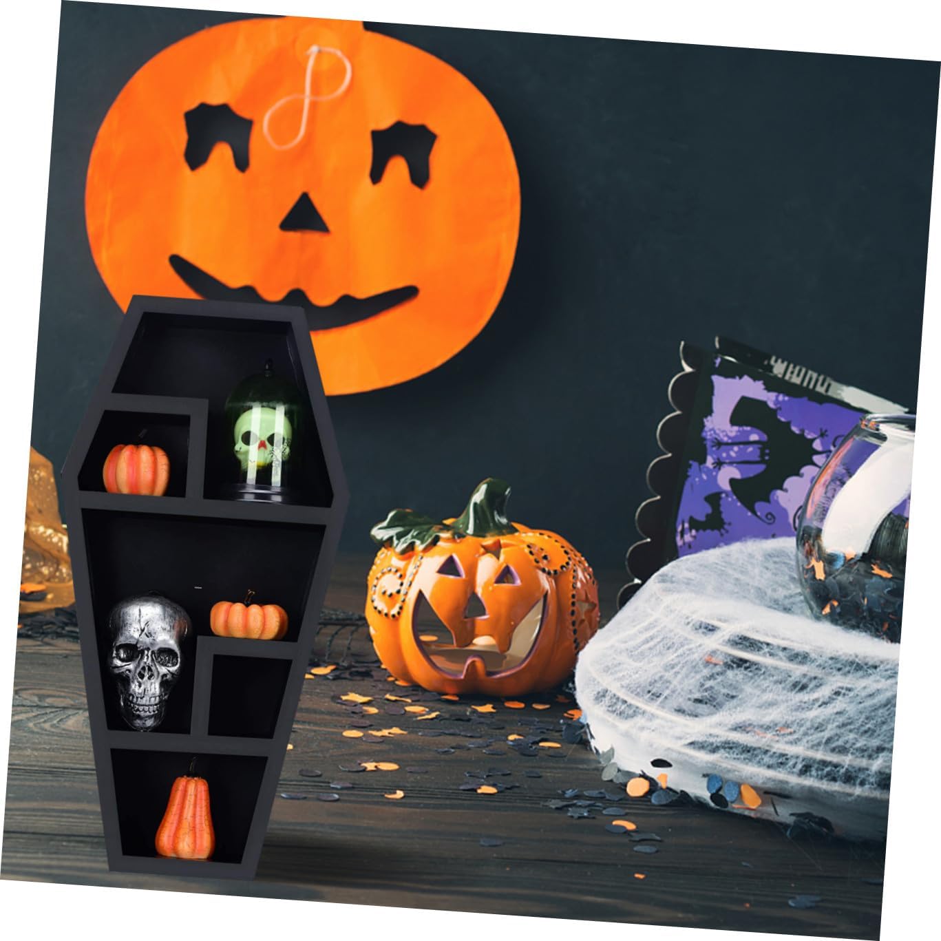 Coffin Shaped Storage Rack Gothic Organizer for Halloween Decor Unique Display Shelf for Creepy Collectibles Design for Parties and Haunted House Themes