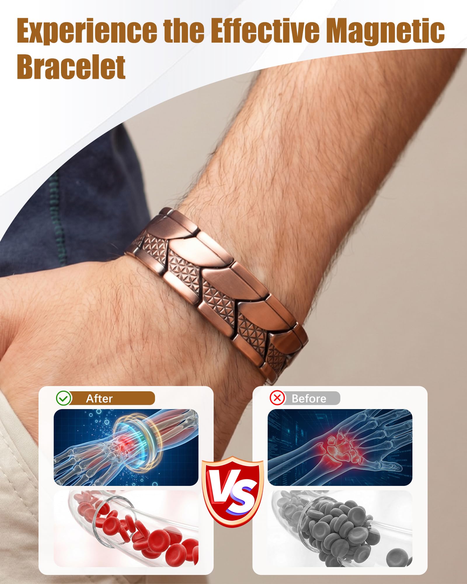 Jeracol Pulseras de cobre para hombre, pulsera magnética de cobre puro al 99 %, tamaño ajustable y caja de regalo de joyería (textura a escala)