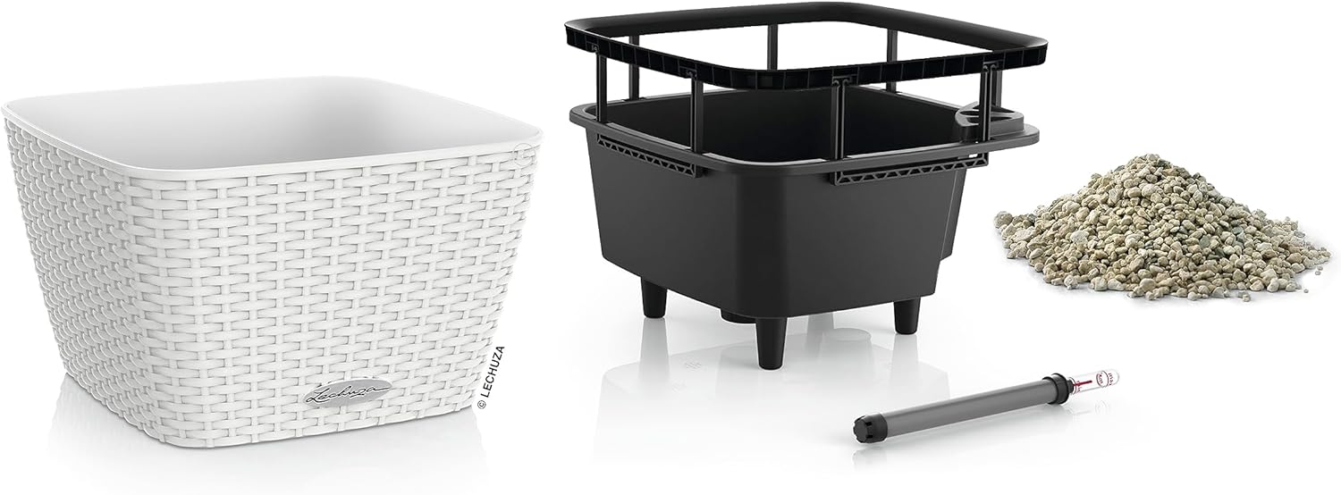 Lechuza BACINO Cottage White, Self-Watering Square Planter, L11.8 W11.8 H7.1 in