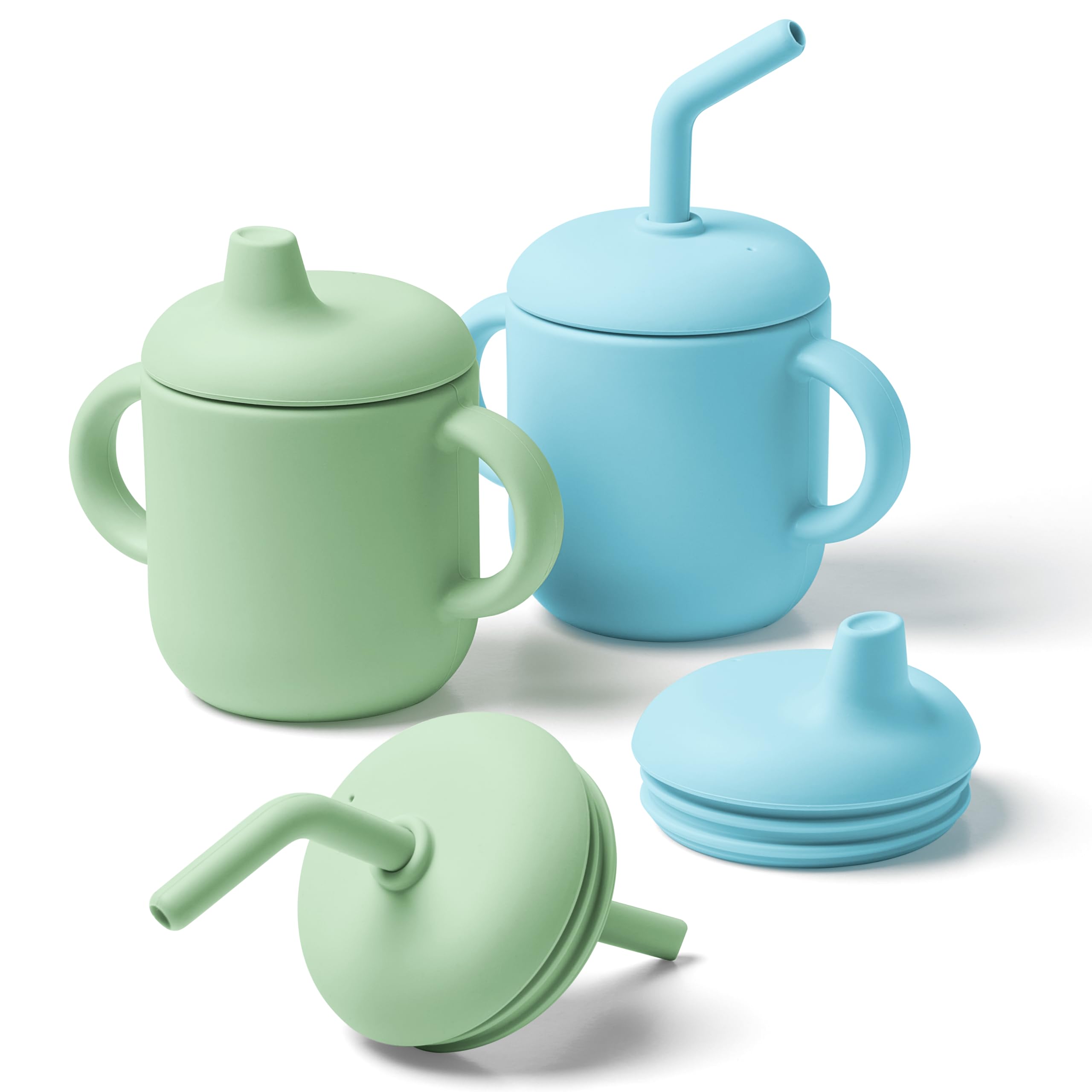 Navik | bicchiere bambino di silicone | neonato 6 mesi | cannuccia e beccuccio | tazza bambini con due manici | Blu e verde