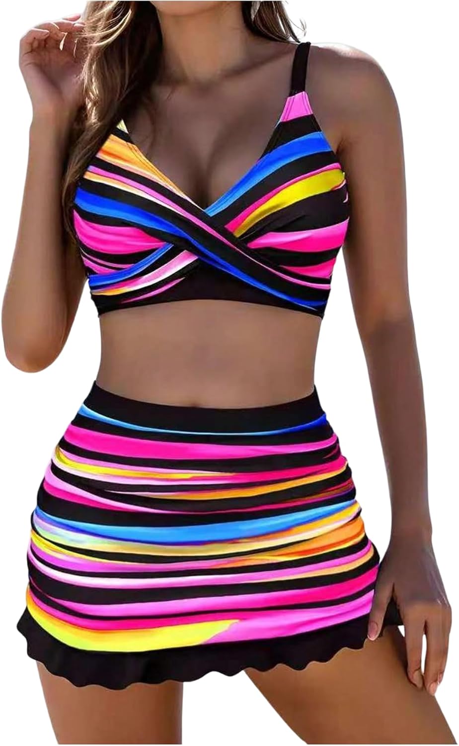 Women's 3 Piece Rainbow Striped Bikini Set Twist Front Ruffle Swimsuit with Cover Up Skirt