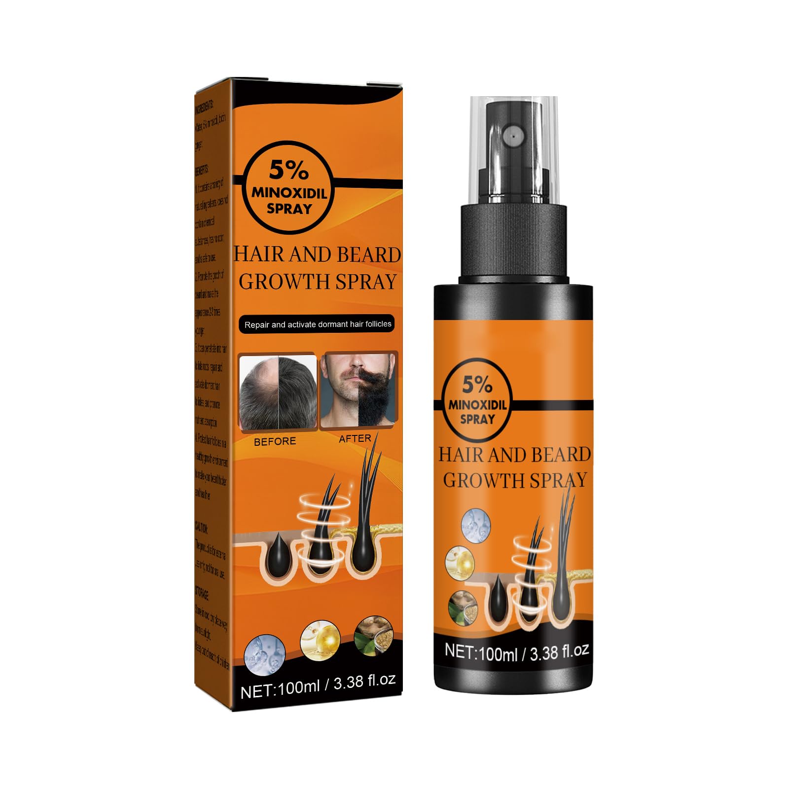 100ml Hair Growth Care Spray - Contains 5 Minoxidil Solution and Ginger Extract - Promotes Hair and Beard