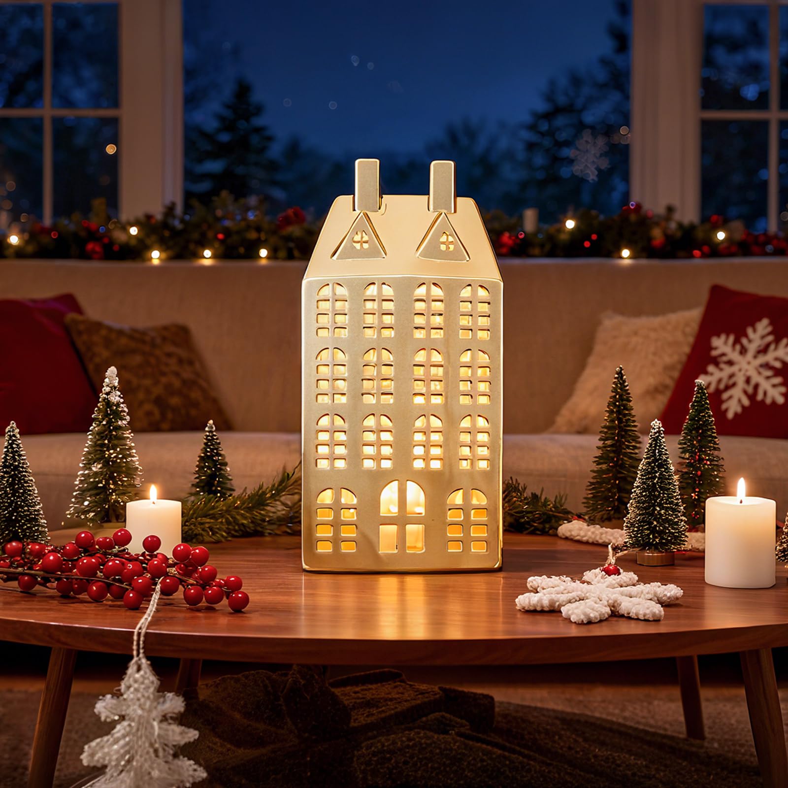 DN DECONATION Weihnachtshaus beleuchtet LED Deko Weihnachten – goldene Weihnachtsdeko Häuser Keramik, Weihnachtsdorf Deko mit Beleuchtung, Lichthäuser Deko für Weihnachtsdekoration innen