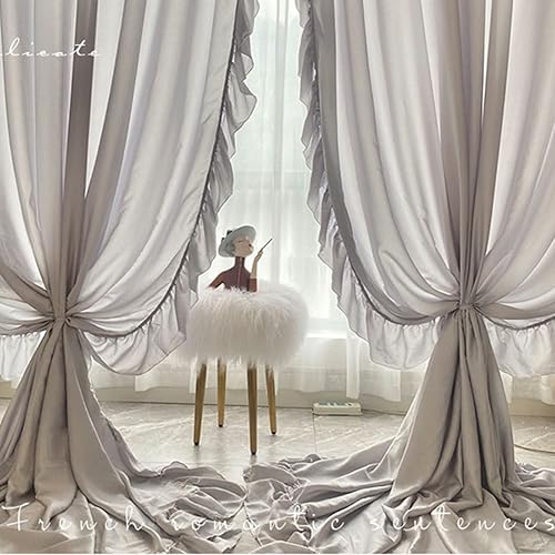 Miniatura 6 de XIAOYUE Cortina de estilo retro gris francés con bolsillo para barra, cortina opaca con aislamiento térmico, cortina de ventana con volantes