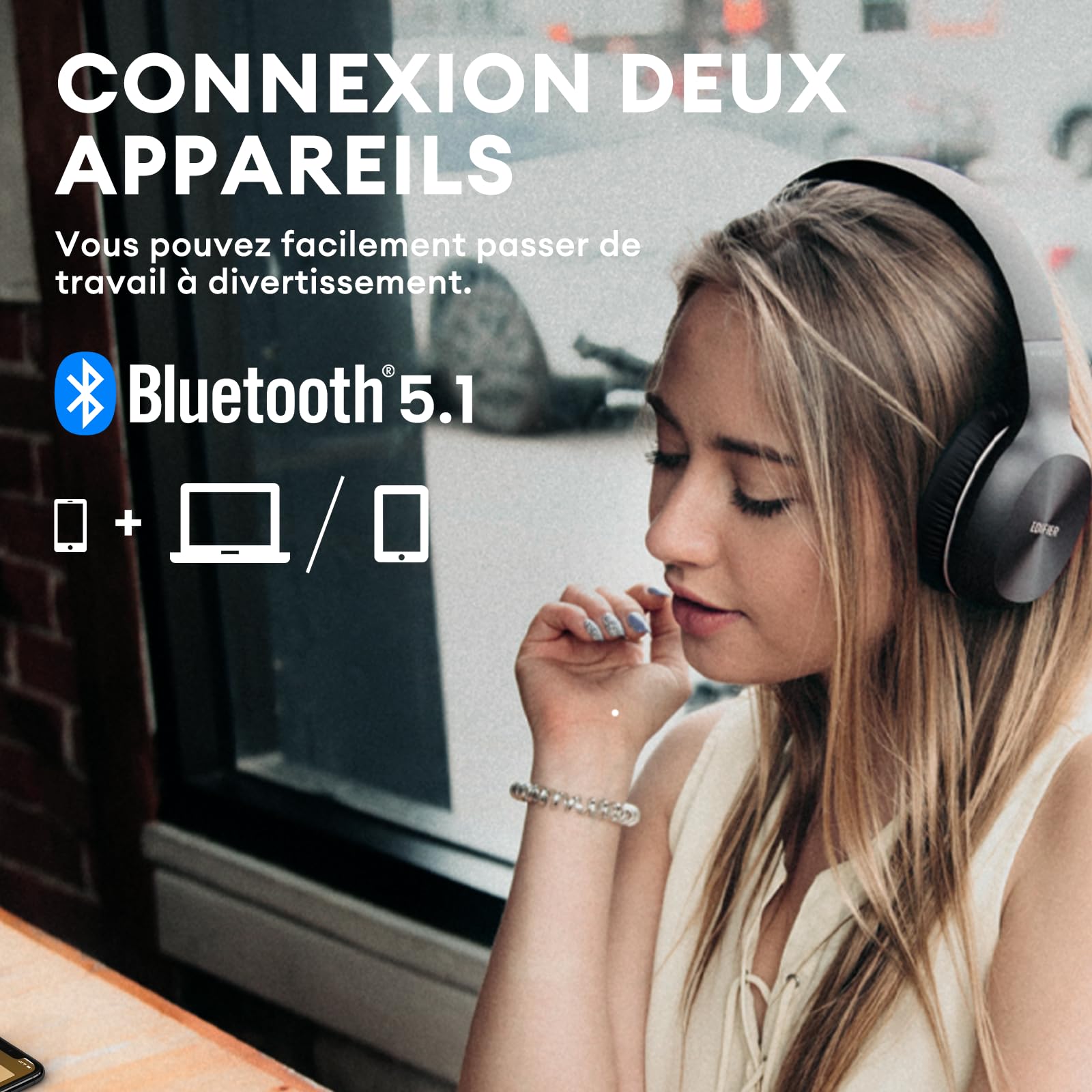 Edifier W800BT Plus Casque Supra-auriculaire sans Fil, Casque Bluetooth, CVC™ 8.0 Call Noise Cancelling, 55H de Lecture, Microphone Intégré, Bouton Physique, Contrôle APP, Noir