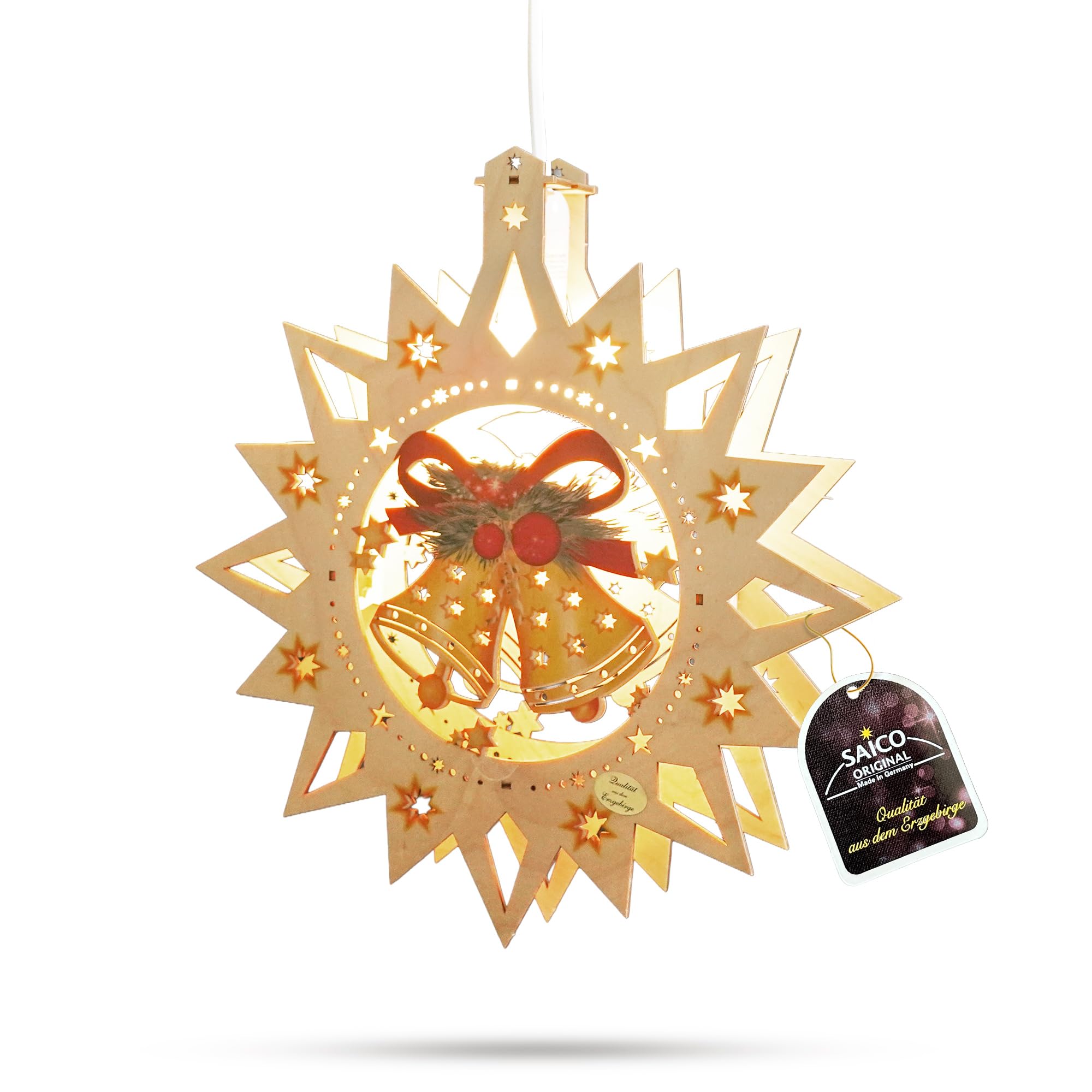 Saico - LED Fensterlicht „Glocke“ - Fensterdeko für Weihnachten, mit LED Beleuchtung aus Holz - Weihnachtsdeko mit Glockenmotiv, Fensterbeleuchtung & Geschenkidee, Dekoration Winter - Made in Germany