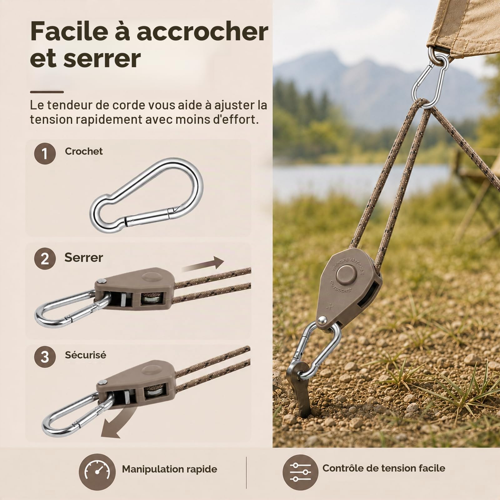 Corde pour auvent avec Crochet et tendeur, 4 m – Sangle à cliquet réfléchissante et réglable pour Lampes de Culture, voiles d'ombrage et auvents de Camping-Car