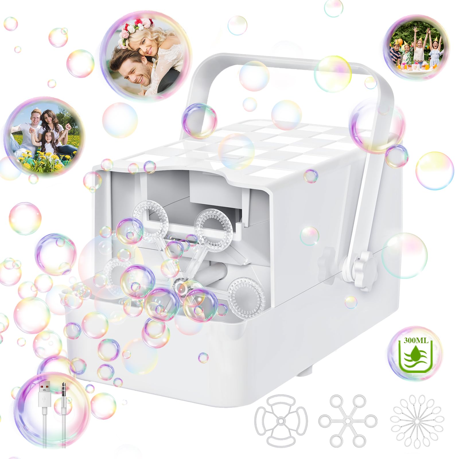 Panamalar New 3 In 1 Bubble Machine, Automatic Bubble Blower 3 Types Bubble Wands 10000+ Bubbles with 2 Speeds/300ml Tank for Kids Toddlers, Portable
