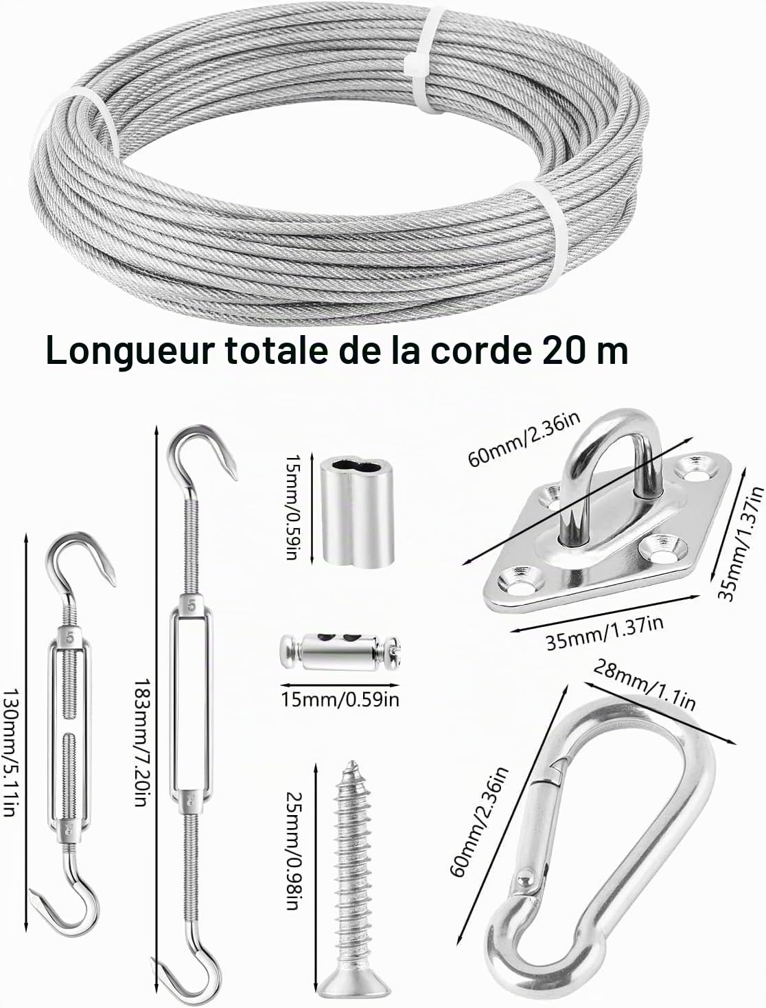 Kit de Fixation pour Voile d'ombrage avec Cable Acier 20 m, Kit d'installation de Pare-Soleil en Acier Inoxydable 304, Auvent de Fixation pour Triangulaire et Carré, Hamac, Jardin, Terrasse