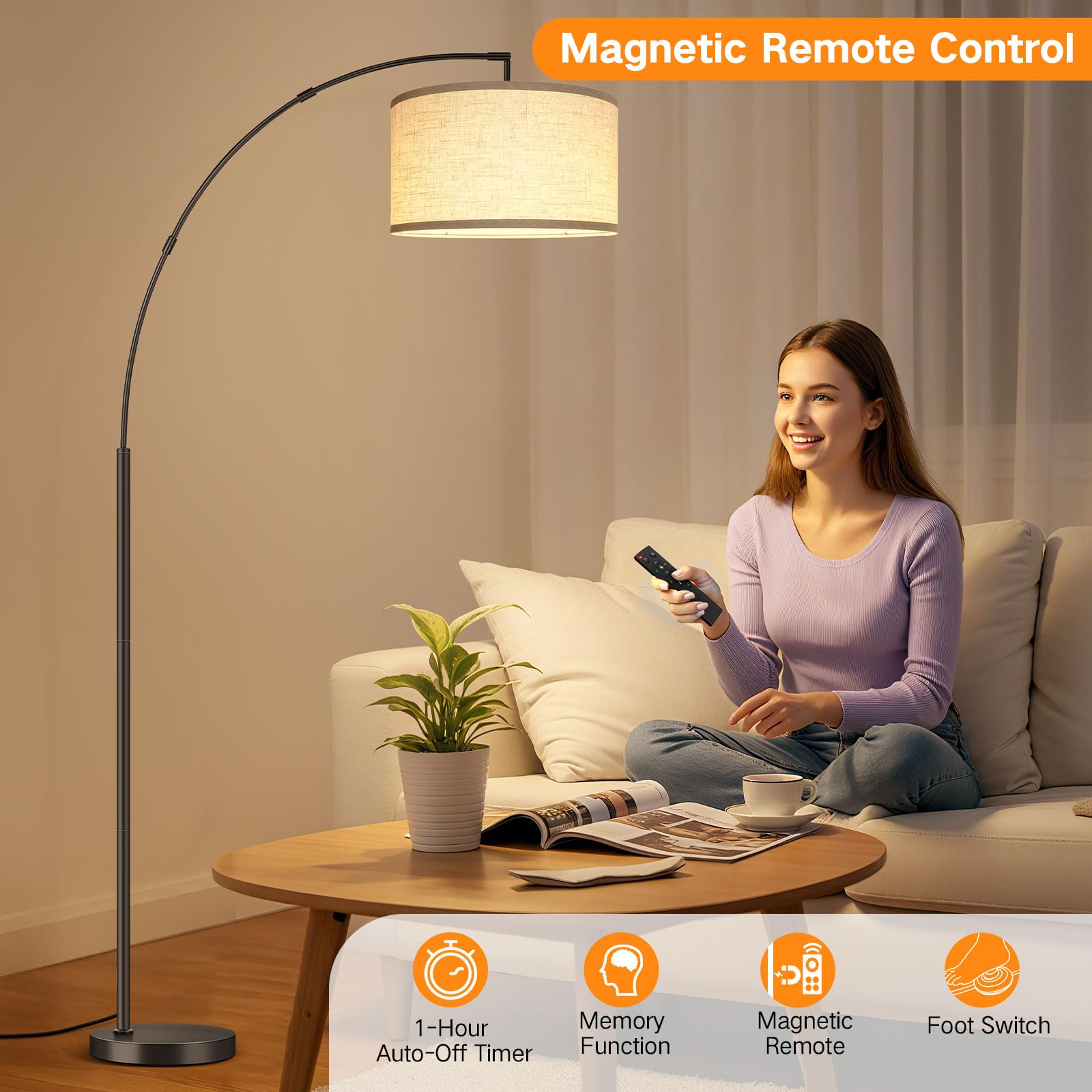 OUTON Lampada da Terra ad Arco, Lampada ad Arco Moderna con Telecomando e Interruttore a Pedale, Paralume Beige da 40cm, Lampadina E27, Piantana LED da 205cm per Soggiorno, Camera da Letto, Ufficio