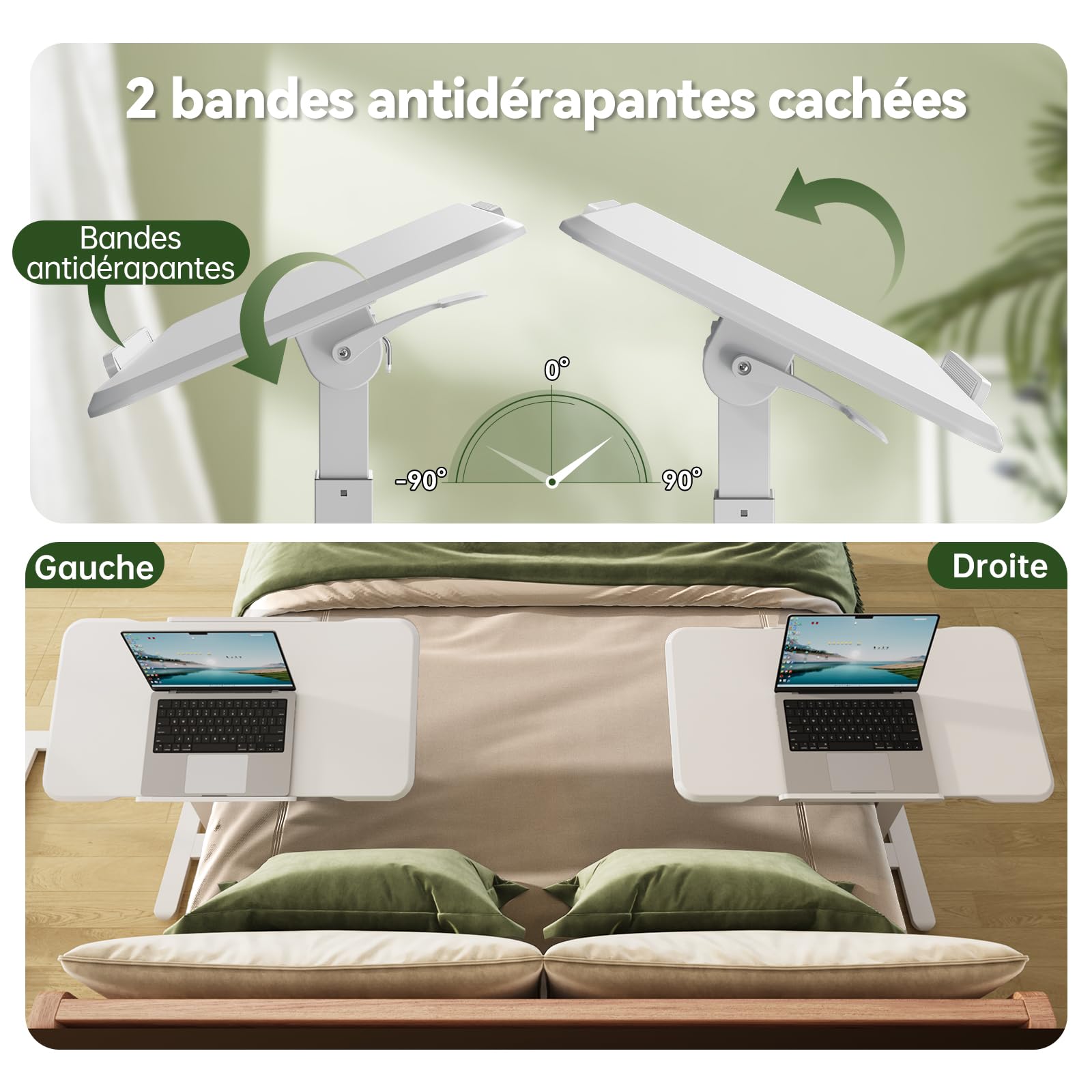 Gibbon Mounts Bureau Assis-Debout Hauteur réglable, Table Chevet INCL. 180° | Chariot mobile pliable blanc, 80x40cm plateau inclinable des deux côtés du lit. Base fine 3cm, 2 types de roues remplaçables