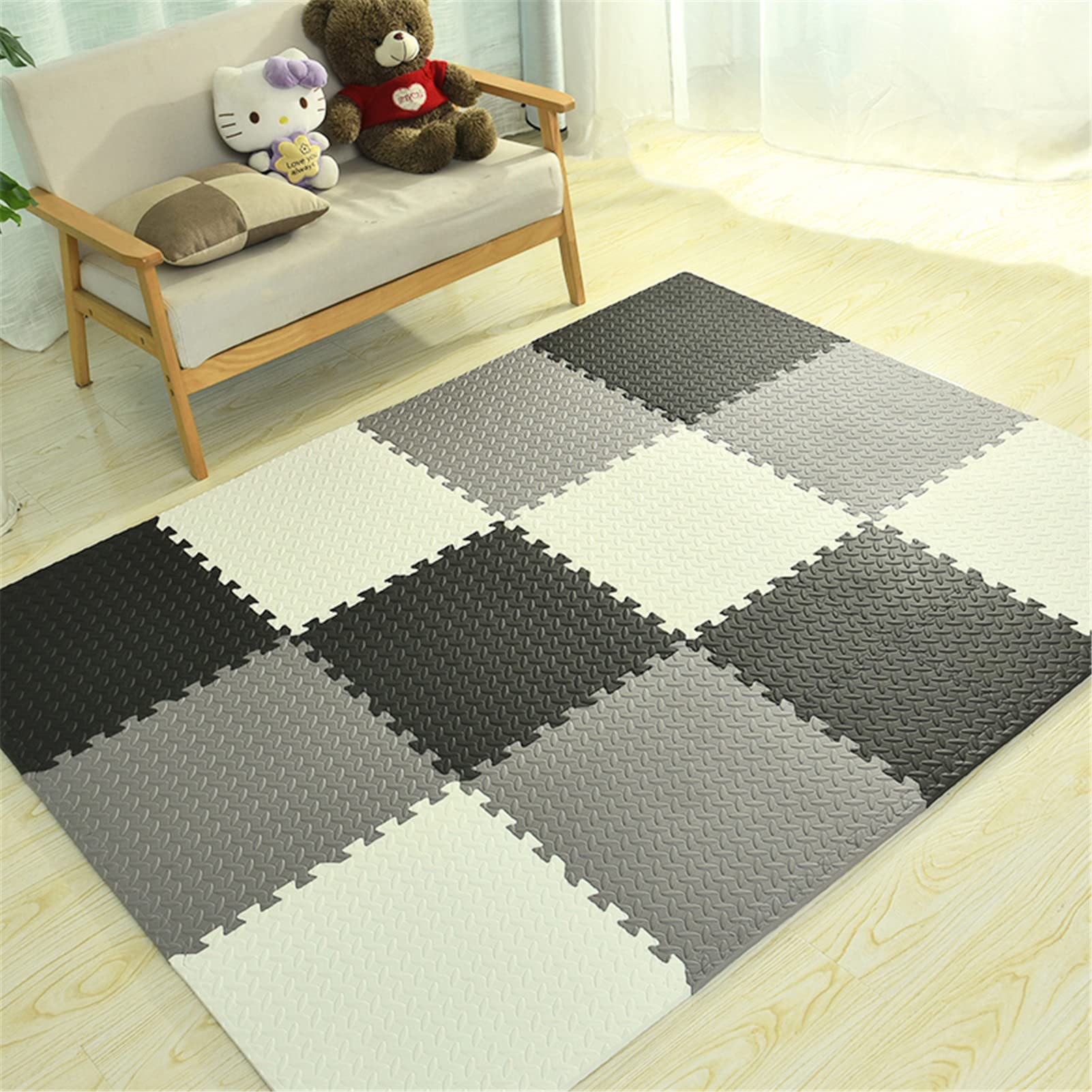 Baby spielmatte ineinandergreifende bodenmatte aus Schaumstoff wasserdicht und rutschfest Kinder Puzzlematten für drinnen oder draußen,Multifunktionsmatten,25x25x0.8cm,White+Black+Gray,24pcs